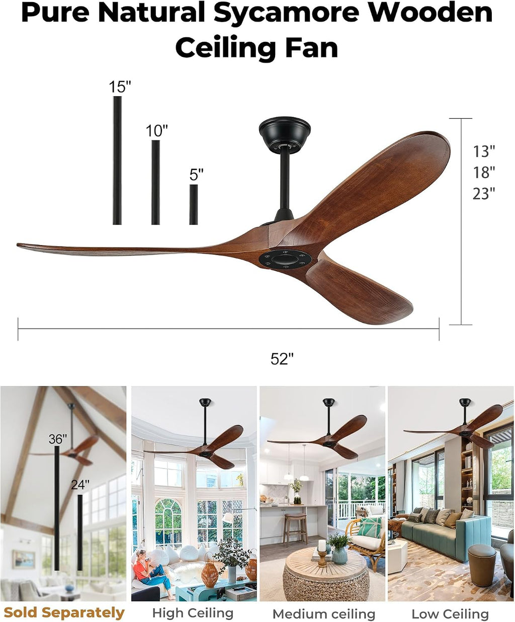 52' Ceiling Fans Without Lights, Solid Wood Ceiling Fan with Remote Control and DC Motor, Ceiling Fan no Light with 3 Blades, Indoor Outdoor Ceiling Fans for Patios, Bedroom- Dark Walnut