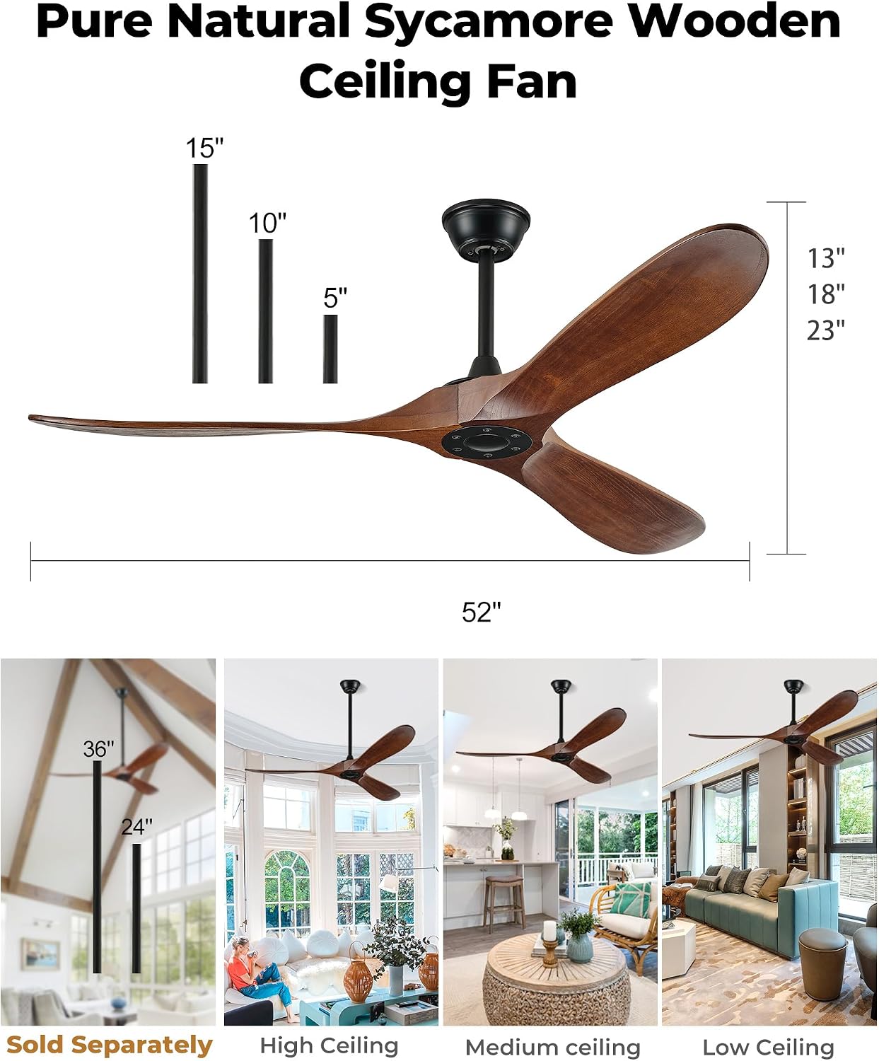 52' Ceiling Fans Without Lights, Solid Wood Ceiling Fan with Remote Control and DC Motor, Ceiling Fan no Light with 3 Blades, Indoor Outdoor Ceiling Fans for Patios, Bedroom- Dark Walnut