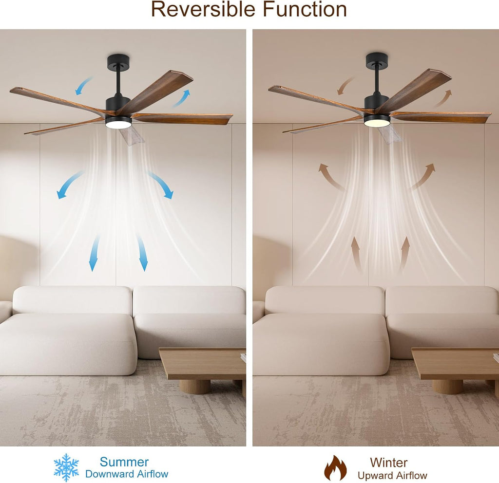 heimo 60 Inch Ceiling Fans with Lights and Remote, Wood Indoor Outdoor Ceiling Fan with Light for Patios Living Room Bedroom 5 Blades Large Mid Century Modern Ceiling Fan (Walnut)