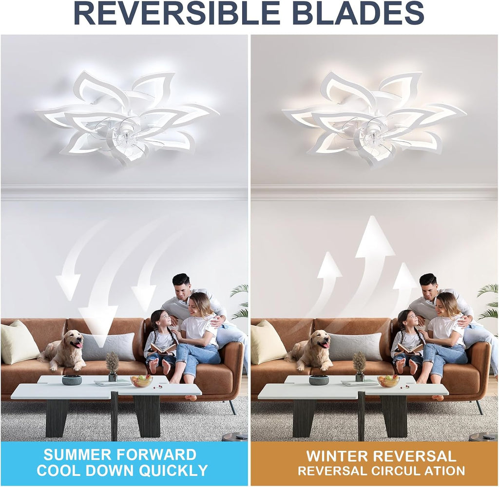32' White Flower Ceiling Fan with Lights Remote Control, Modern LED Low Profile Flush Mount Ceiling Fan with Light for Kitchen Bedroom Living Room