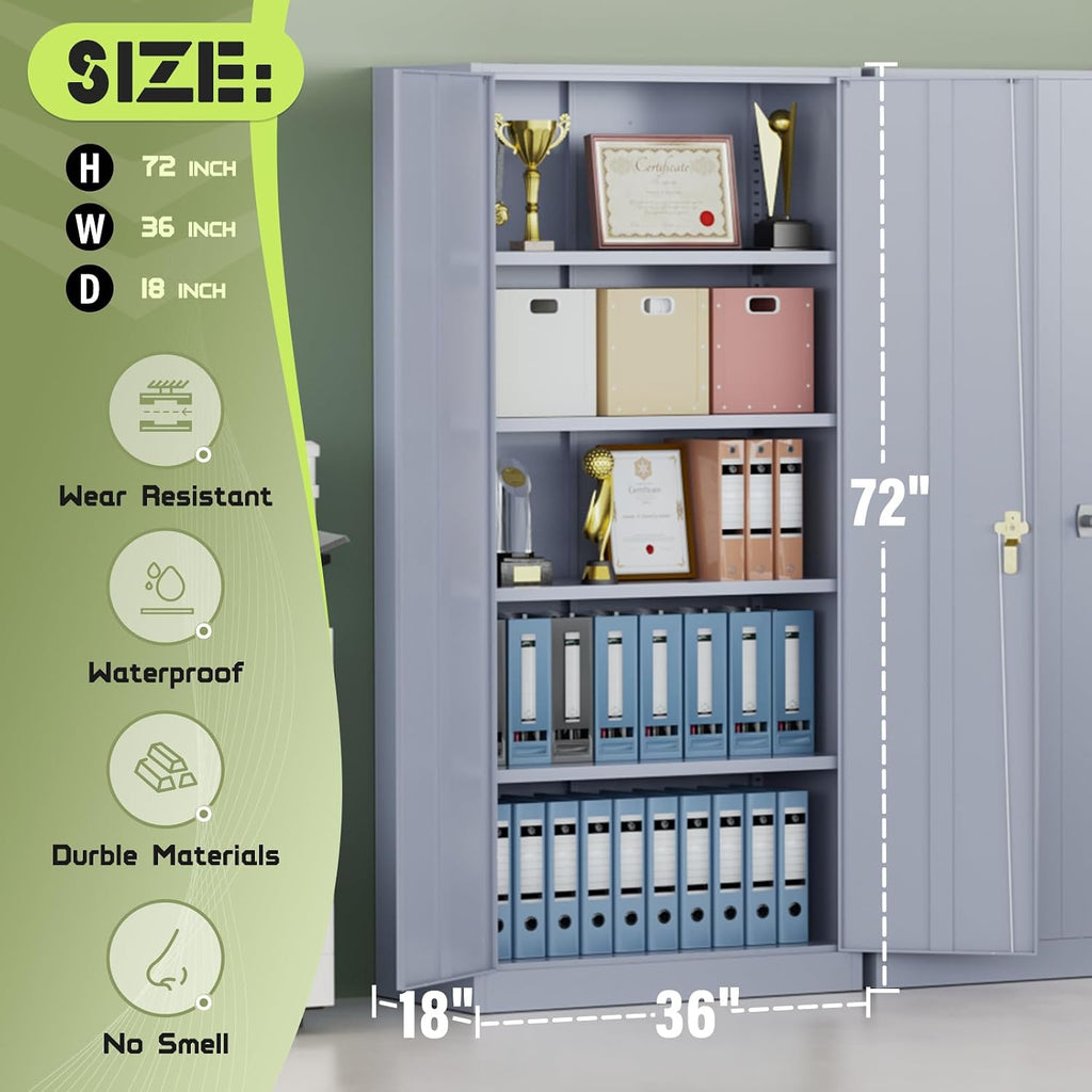 SUNCROWN 72' Metal Storage Cabinet - Heavy-Duty Metal Garage Cabinet with 4 Adjustable Shelves & 2 Doors for Tools, Office, Home, Workshop,Cement Grey