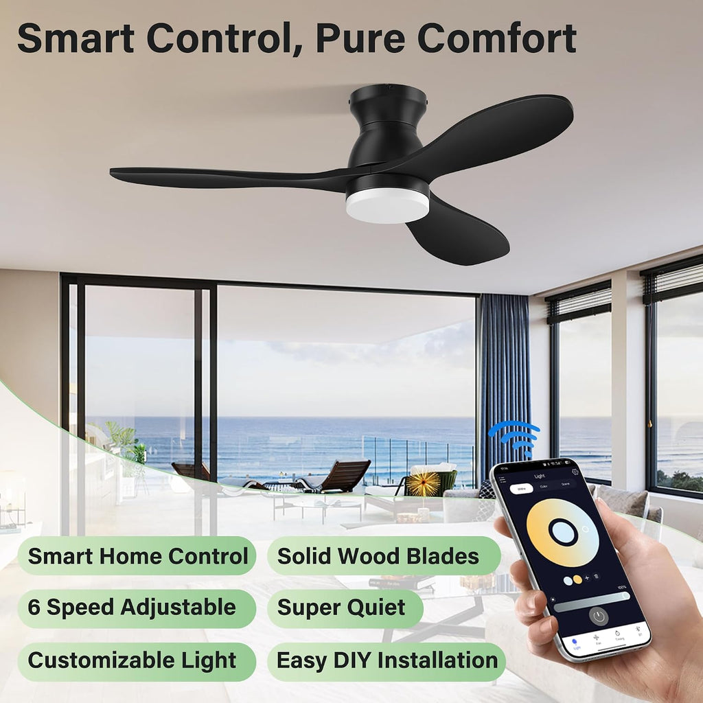 42' Wood Ceiling Fans with Lights, Smart Control by Remote Alexa APP,Quiet DC Motor,Modern Flush Mount Hugger Ceiling Fan for Low Profile Bedroom,Patio,Outdoor Indoor,Matte Black,Dim,6 Speed,3 Blade
