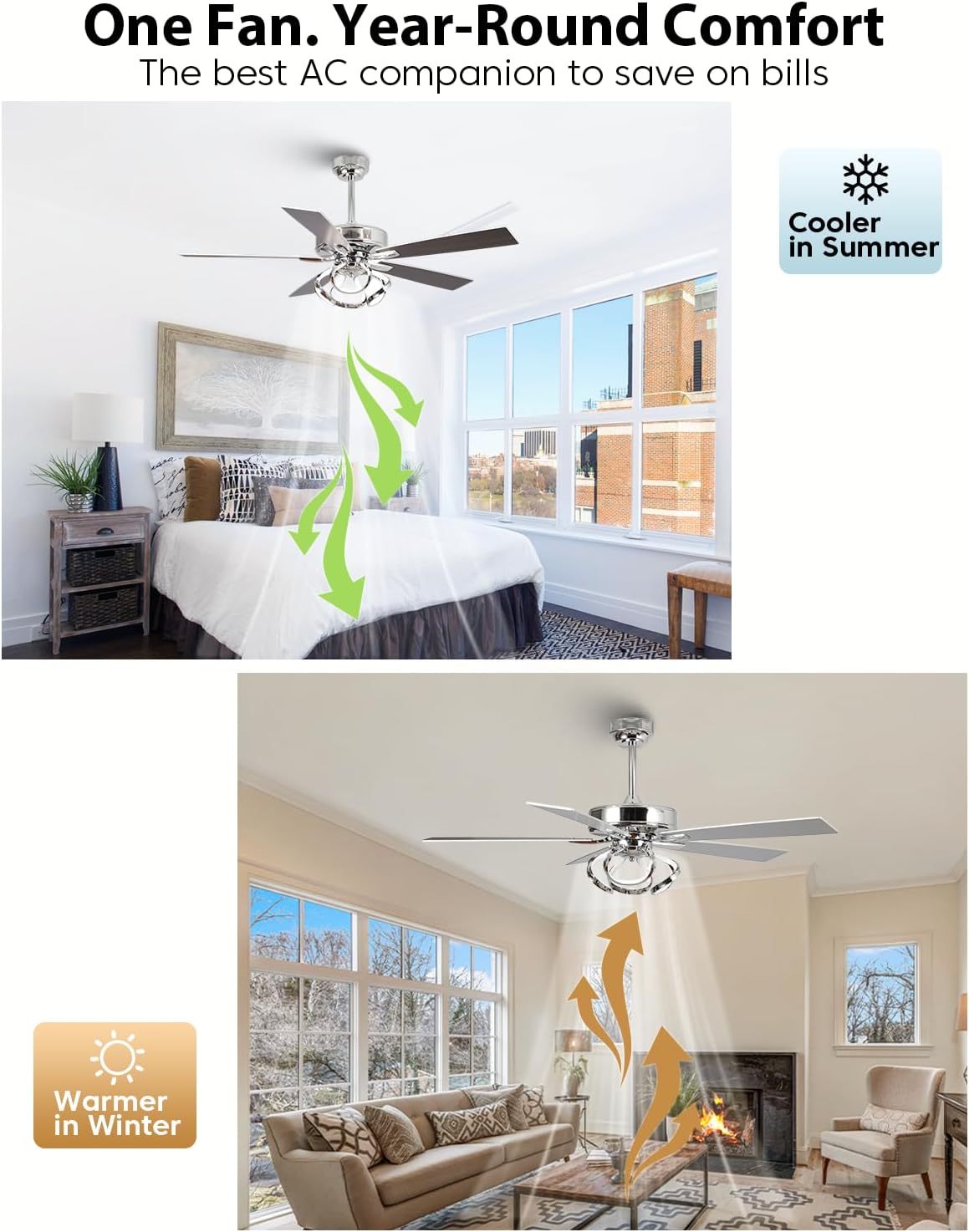 Ceiling Fans with Lights and Remote - Modern Silver Ceiling Fan with Light and Remote, 3CCT, 6 Speeds, Quiet, Dual-Sided Reversible Blades Indoor Outdoor Chandelier Fan for Bedroom Living Room