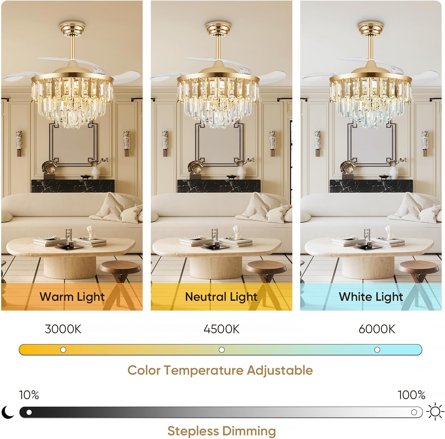 TXCSLY 42' Fandelier Ceiling Fan with Light, Crystal Chandelier Fan with Retractable Blades Dimmable Crystal Ceiling Fan Chandelier for Bedroom Living Room Dining Room-Gold