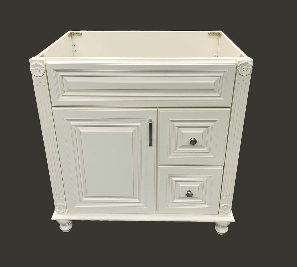 Antique White Solid Wood Single Bathroom Vanity Base Cabinet 30 inch W x 21 inch D x 32 inch H (Right Drawers)