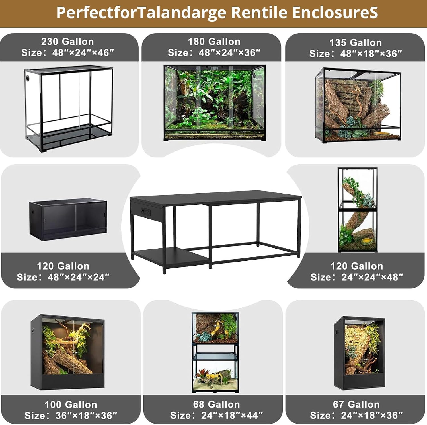 120 Gallon Reptile Tank Stand – 48'x24' Terrarium Stand for Stacked 4x2x2 PVC Tanks, Chameleon Cage, Ball Python Tank, Lizard Tank & Tall Reptile Enclosure with Power Outlets (Only Stand)