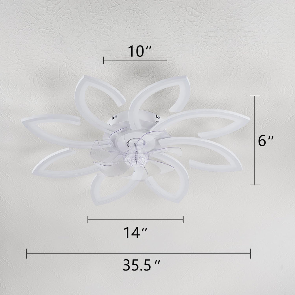 Modern Flower Ceiling Fan with Light and Remote, Low Profile Ceiling Fans with Lights, 36 Inch Black Flush Mount Ceiling Fan with 3 Light Color 6 Speeds, Fandelier Ceiling Fan for Living Room (White)