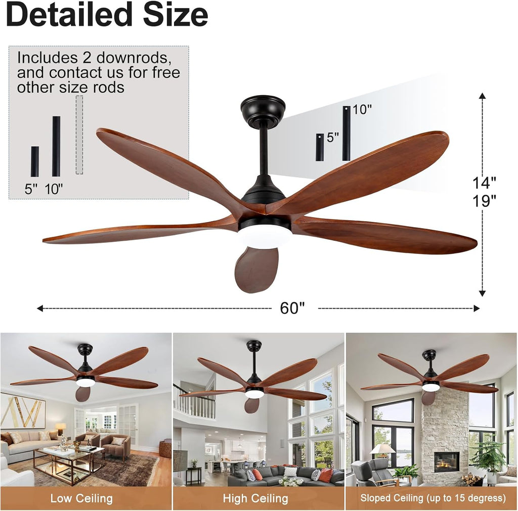 OKDNEG 60 Inch Ceiling Fans with Lights and Remote, Black 5 Blade Outdoor Ceiling Fans,3CCT Dimmable,Timer,Quiet DC Motor,6 Speed,Indoor Outdoor Ceiling Fan for Offices Farmhouse Gazebo Patio
