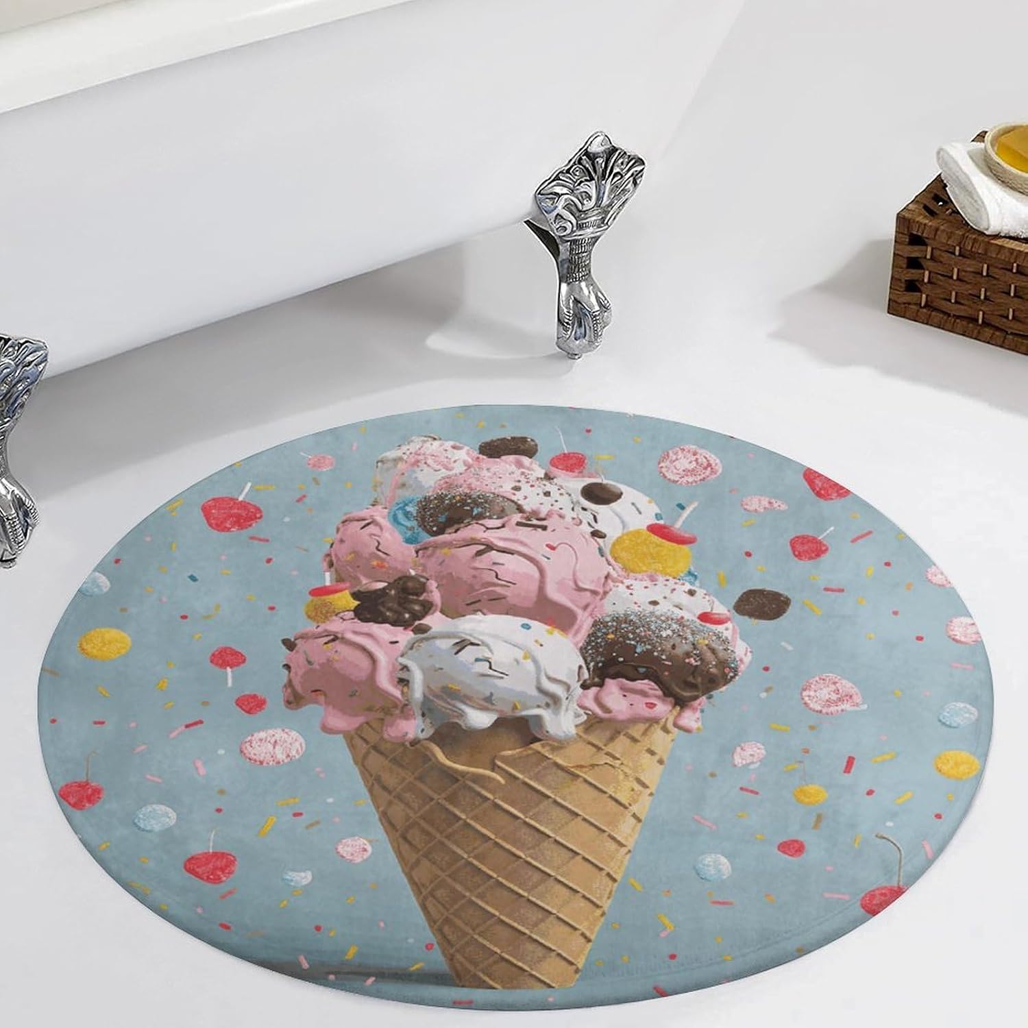 Sweet Ice Cream Coral Velvet Round Floor Mat Non-Slip Bath Rug Floor Covering for Bathroom Vanity Guest Suite & Vacation Home