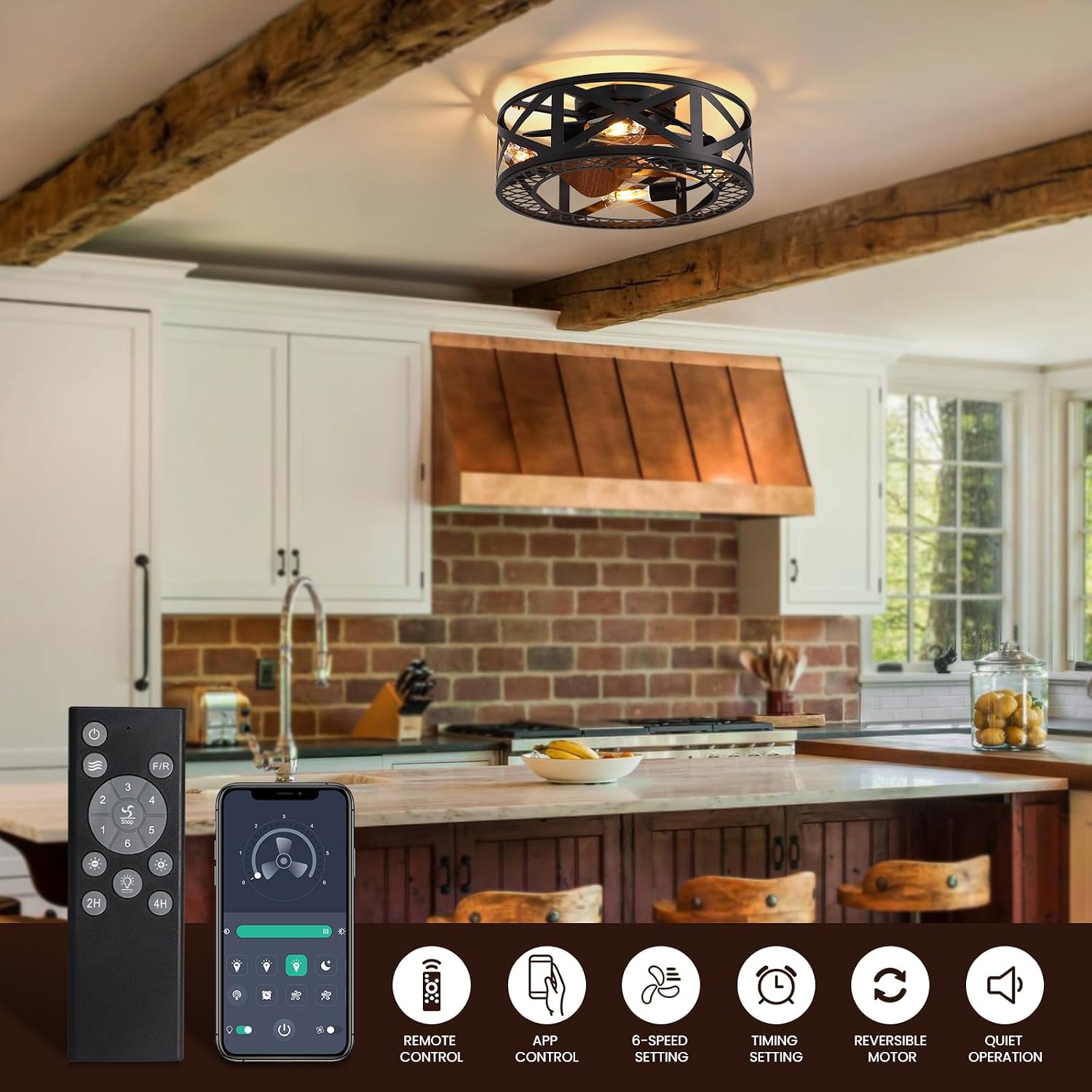 20' Caged Ceiling Fans with Lights, Modern Dimmable Flush Mount Ceiling Fan with Lights Remote, Black Low Profile Ceiling Fan for Bedroom, Kitchen,6 Speed Reversible