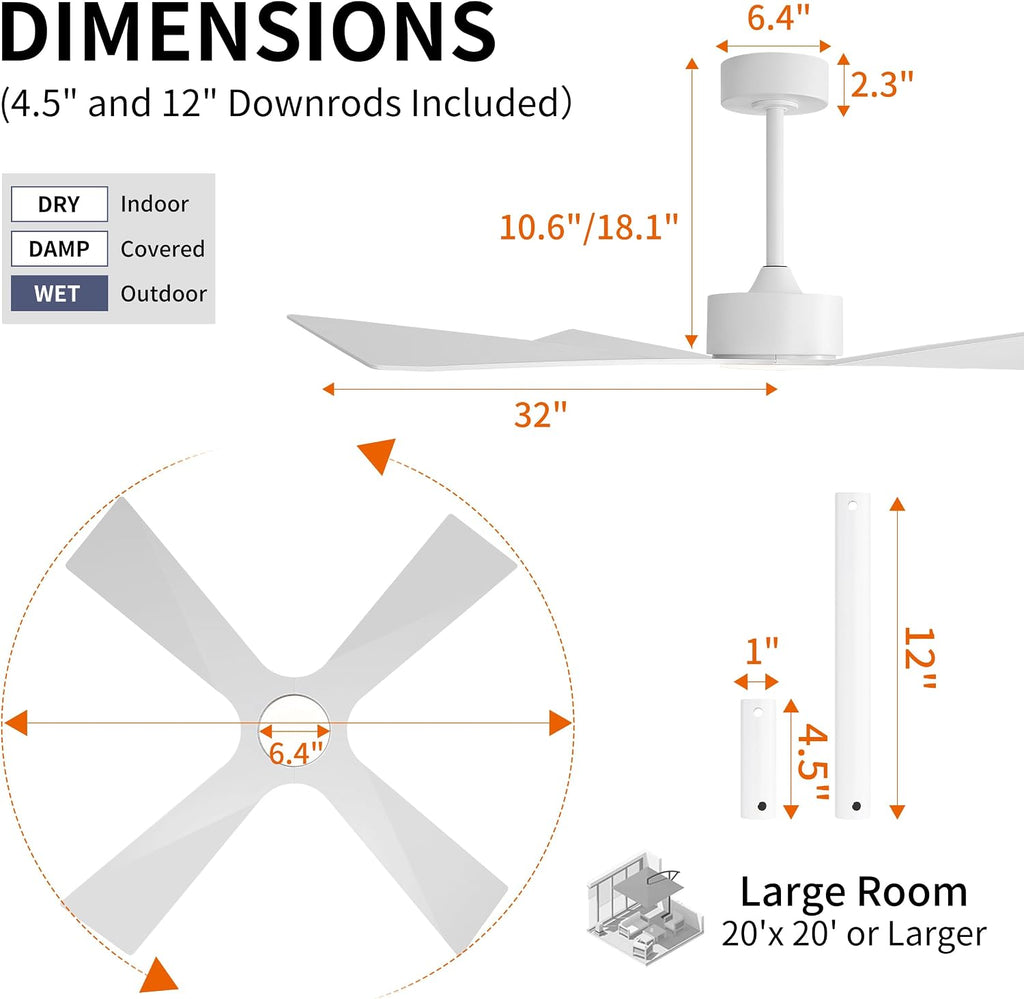 WINGBO 64' Wet Rated Outdoor Ceiling Fan with Lights, 4 ABS Plastic Blades, Reversible DC Motor, 6-Speed Remote Control, 3 CCT, Waterproof Ceiling Fan for Patio Porch Gazebo Garage, Gloss White