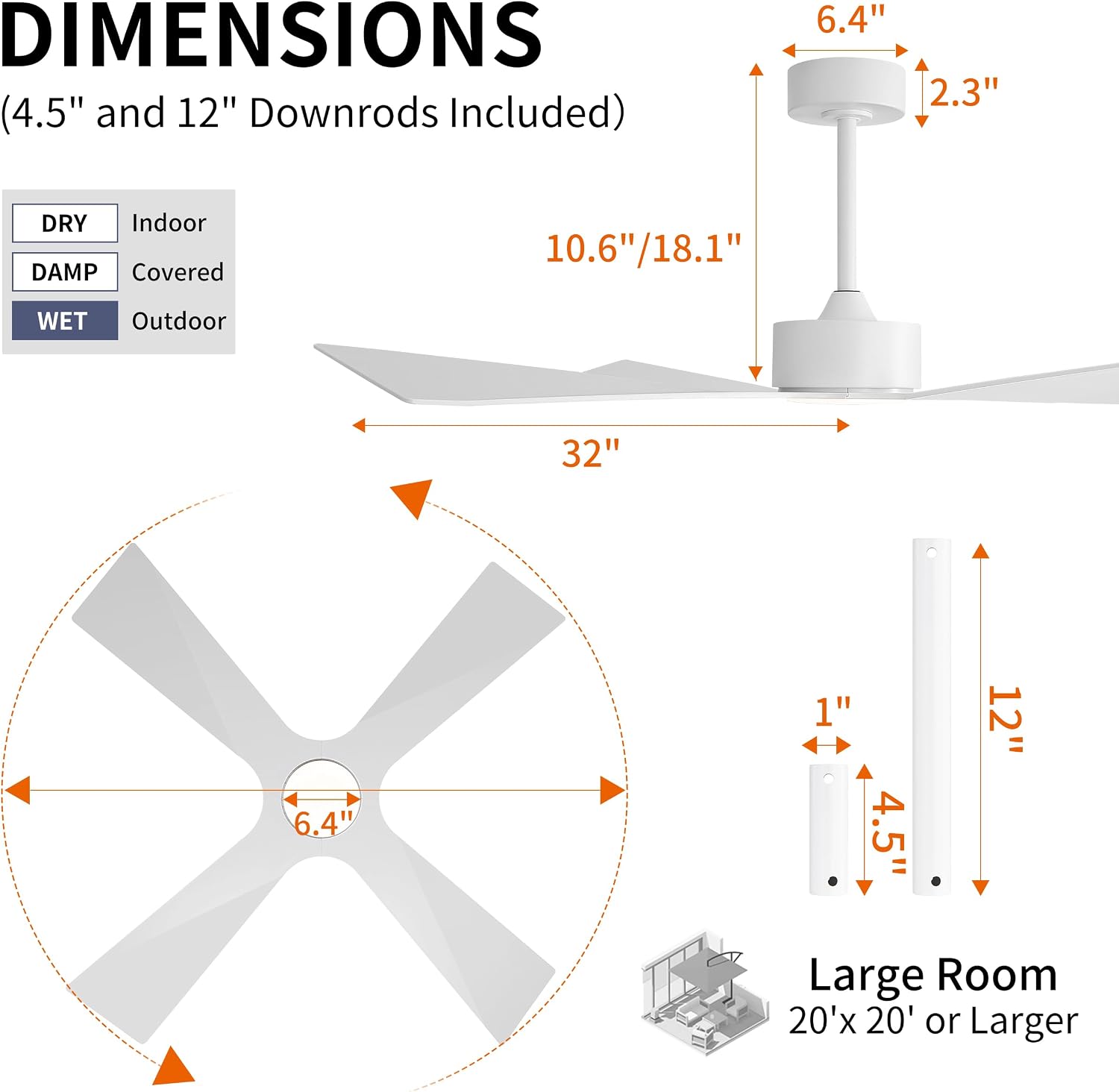 WINGBO 64' Wet Rated Outdoor Ceiling Fan with Lights, 4 ABS Plastic Blades, Reversible DC Motor, 6-Speed Remote Control, 3 CCT, Waterproof Ceiling Fan for Patio Porch Gazebo Garage, Gloss White