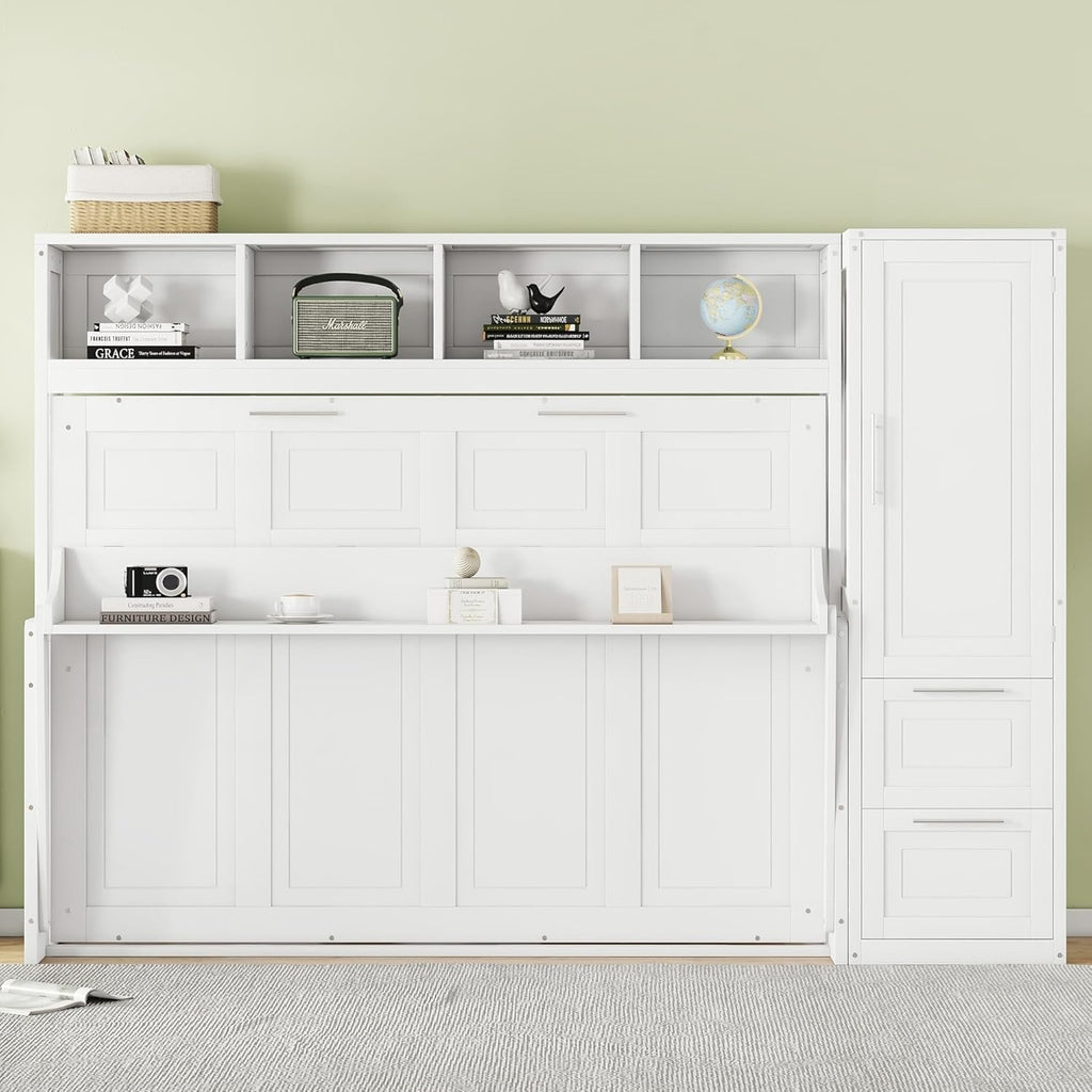 MERITLINE Full Murphy Bed with Wardrobe Closet,2 Drawer,4 Storage Open Shelves,Wood Folding Murphy Wall Bed Cabinet (White,Full)