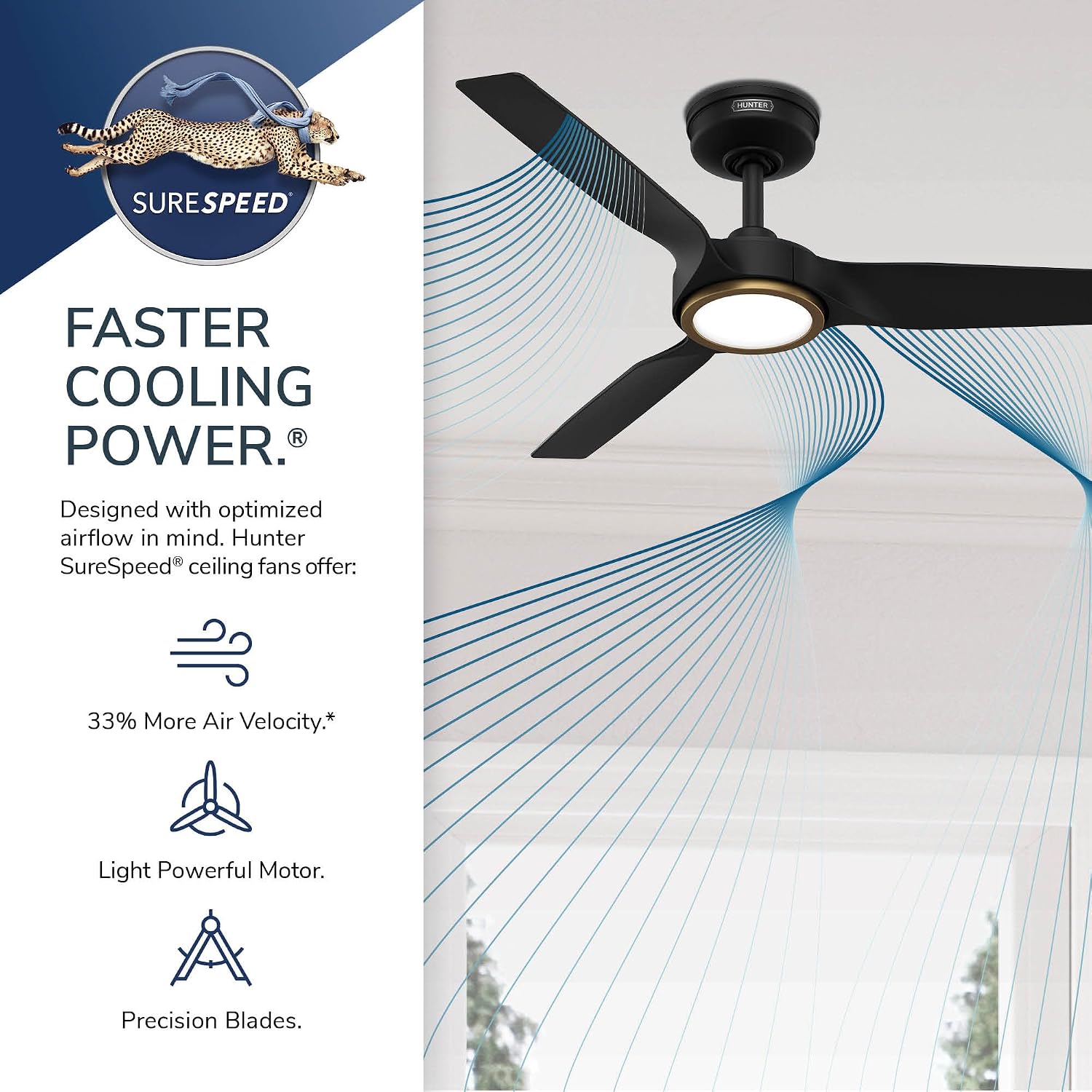 Hunter 44' ZenTech Outdoor Smart Ceiling Fan, LED Light, Remote, Black | ENERGY STAR certified with Apple, Google, Alexa support and covered outdoor use for small rooms, offices, or porches.