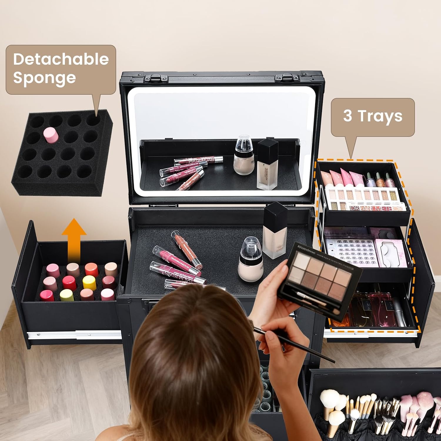 Rolling Makeup Case with LED mirror, Cosmetology Case on Wheels with Lighted Mirror, Professional Salon Trolley Cart with 3 Drawers,Travel Makeup Lockable Beauty Organizer with Live Stream Light