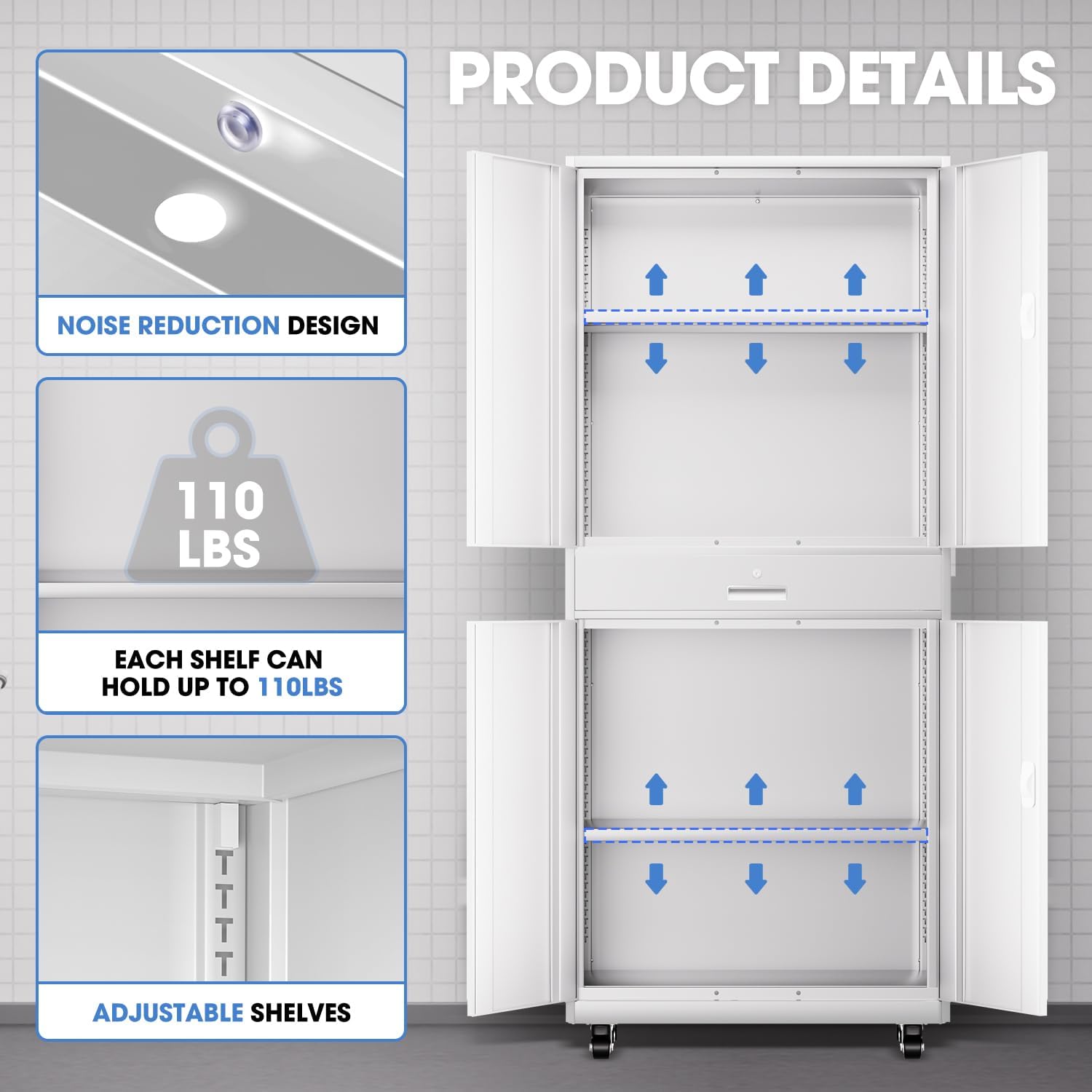 DNA Motoring Metal Storage Cabinet, 73'' Rolling Garage Cabinet with 1 Drawer and Adjustable Shelves, Lockable Cabinet Heavy Duty Utility Cabinet for Garage,Office,Home,Gym, White, TOOLS-00630-WH-WH