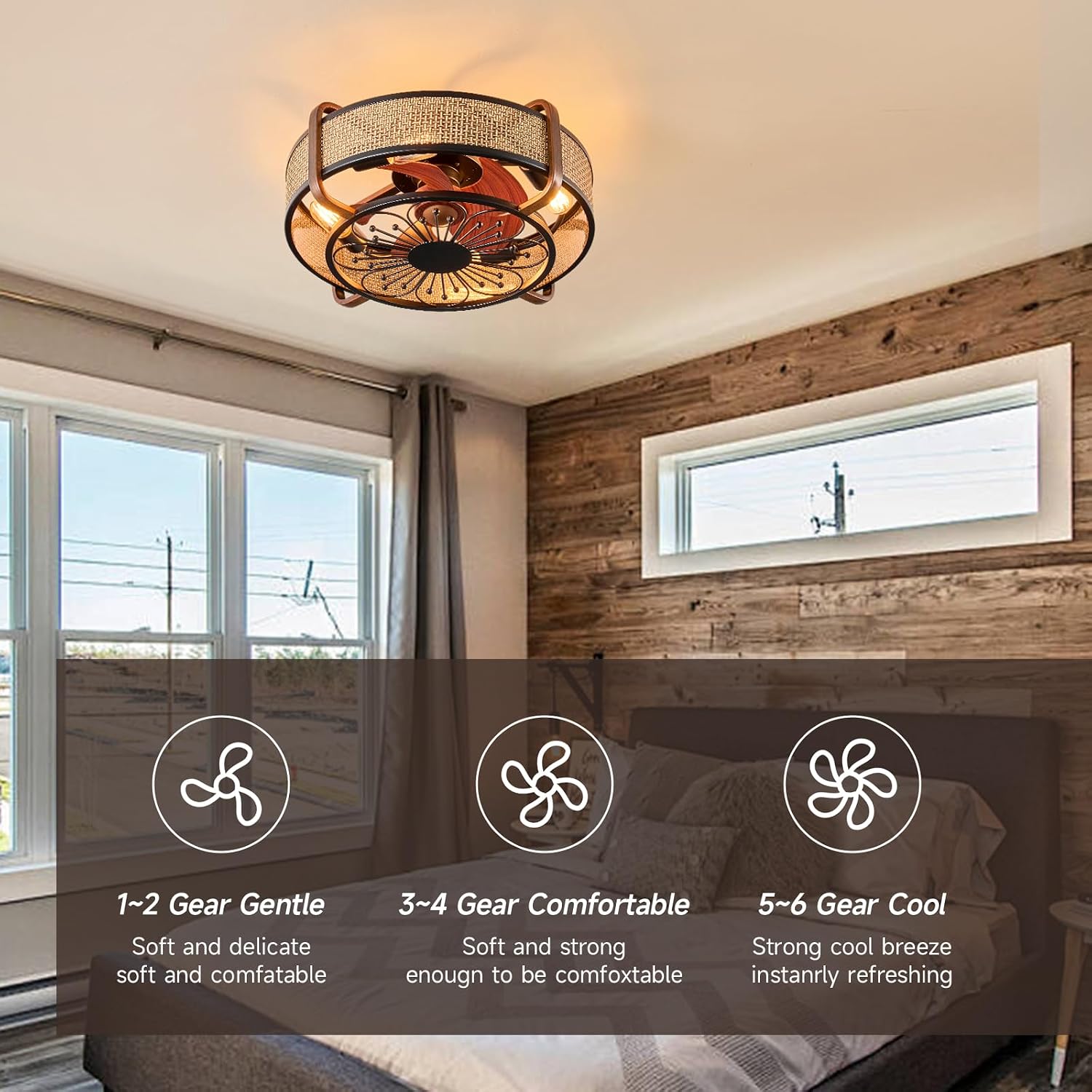 18.9in Boho Ceiling Fan with Lights Flush Mount Fandelier Ceiling Light with Fan Rattan Farmhouse Ceiling Fan Caged Fan Lighting with Remote Reversible 6 Speeds Motor E26 Base