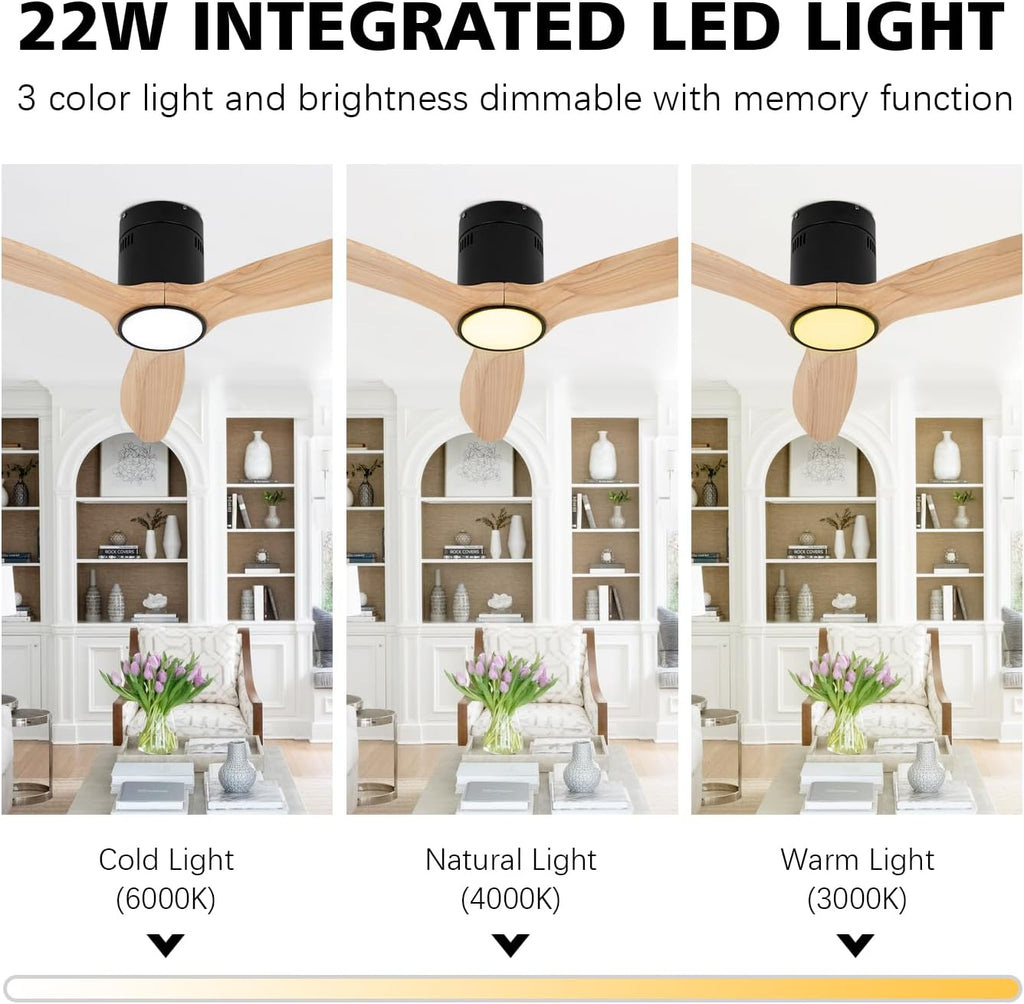 Wood Flush Mount Ceiling Fan with Light,52 inch Low Profile Modern Ceiling Fans for Outdoor/Patios/Bedroom/Office,3 color light,6 Speed,DC Motor,Wood and Modern Matte Black