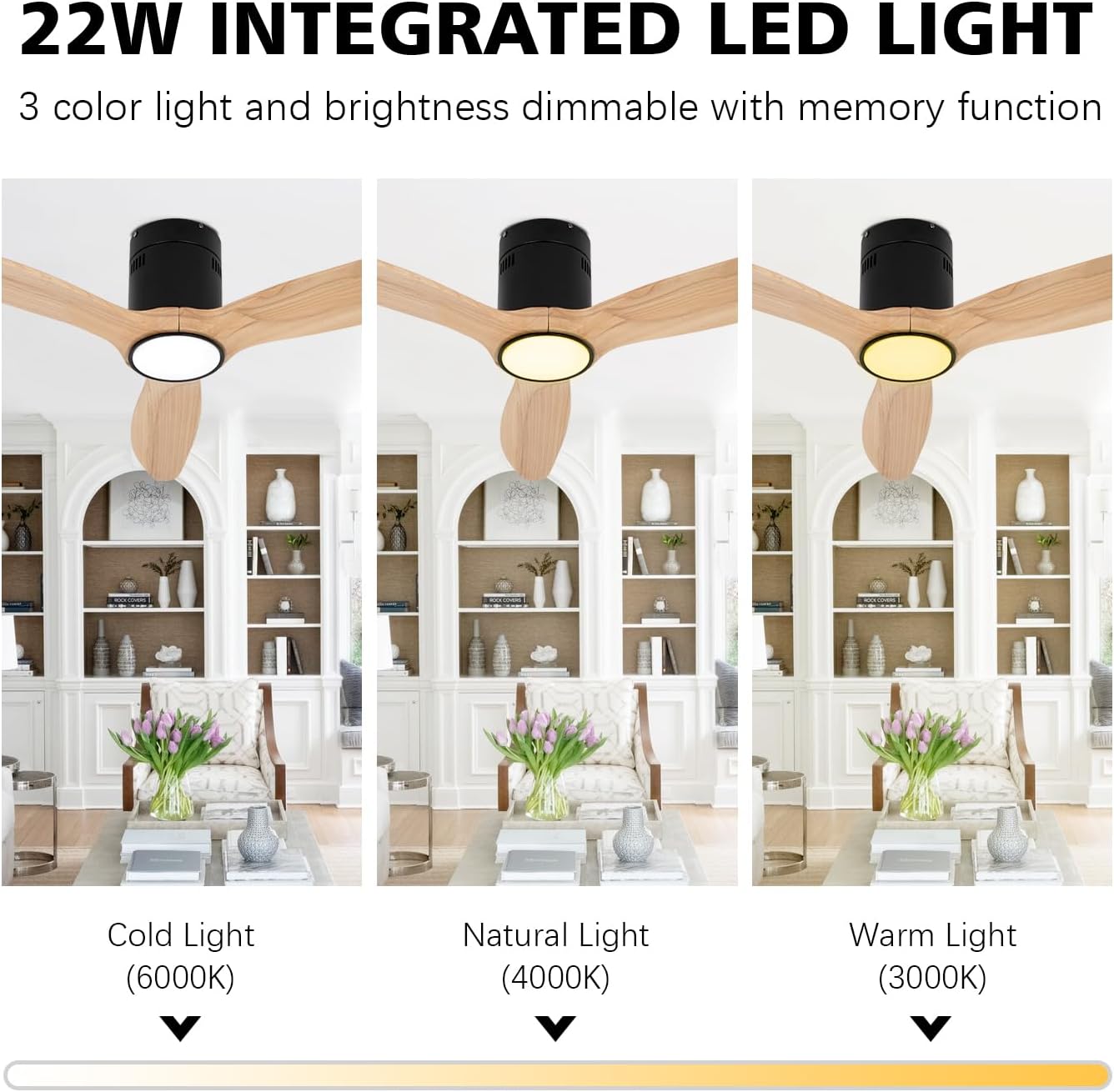Wood Flush Mount Ceiling Fan with Light,52 inch Low Profile Modern Ceiling Fans for Outdoor/Patios/Bedroom/Office,3 color light,6 Speed,DC Motor,Wood and Modern Matte Black
