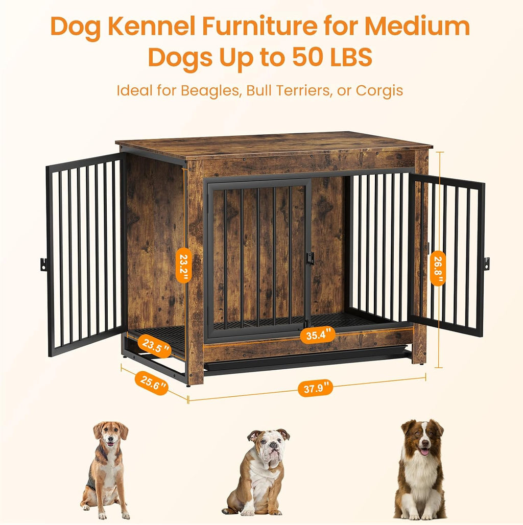Derfullo Dog Crate Furniture, 38 Inch Indoor Dog Kennel for Medium Dogs Up to 50 LBS, Heavy Duty Wooden Pet Cage End Table with 3 Doors, Alloy Steel Frame & Removable Tray