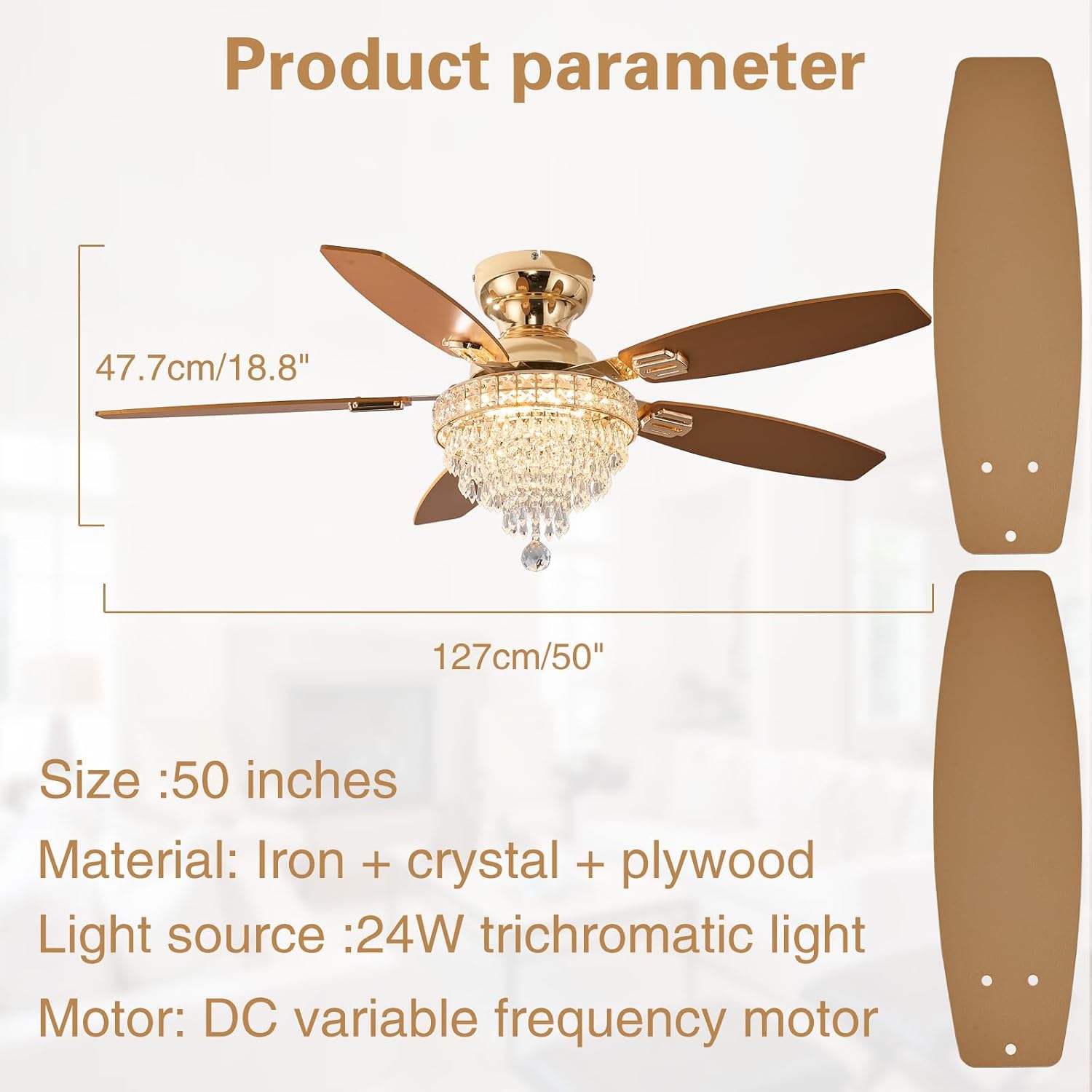 Crystal Ceiling Fan Fandelier with Lights-Ceiling Fans,50' Low Profile and Remote Control, Flush Mount, Reversible, Dimmable, Noiseless, Gold Ceiling Fan for Bedroom