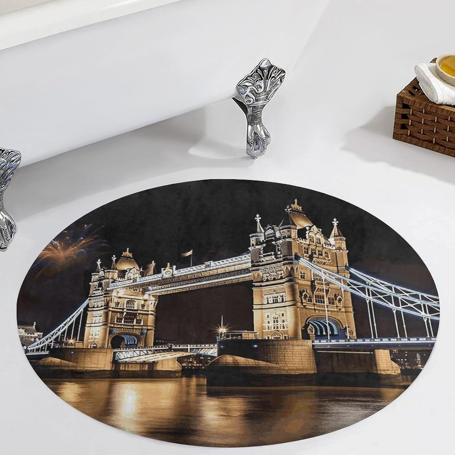 Night London Tower Bridge Coral Velvet Round Floor Mat Non-Slip Bath Rug Floor Covering for Bathroom Vanity Guest Suite & Vacation Home