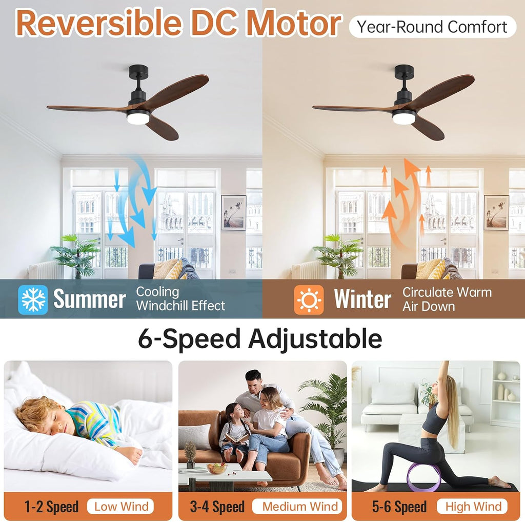 Sofucor 60 Inch Ceiling Fan with Lights Remote Control Walnut Blades Dimmable Light Reversible DC Motor Modern Wood Ceiling Fans for Kitchen, Bedroom, Basement, Dining, Living Room Matte Black