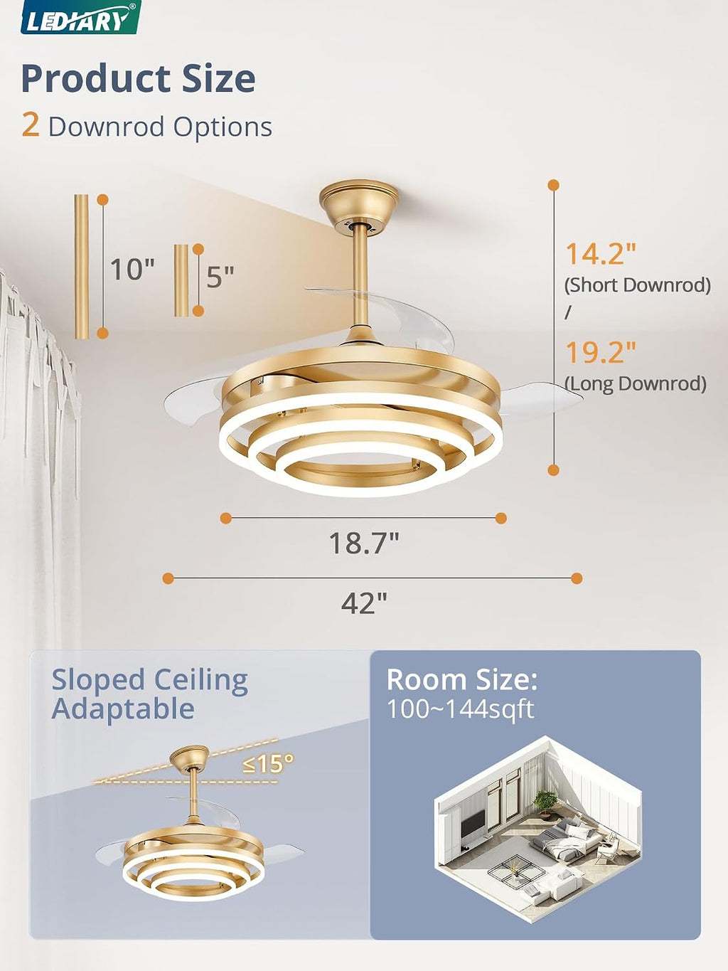 LEDIARY 42 Inch Retractable Ceiling Fan with Lights, Fandelier Ceiling Fan with 6 Speeds,3000K-6000K Adjustable,and DC Motor,Chandelier Ceiling Fans with Lights and Remote for Bedroom Living Room,Gold