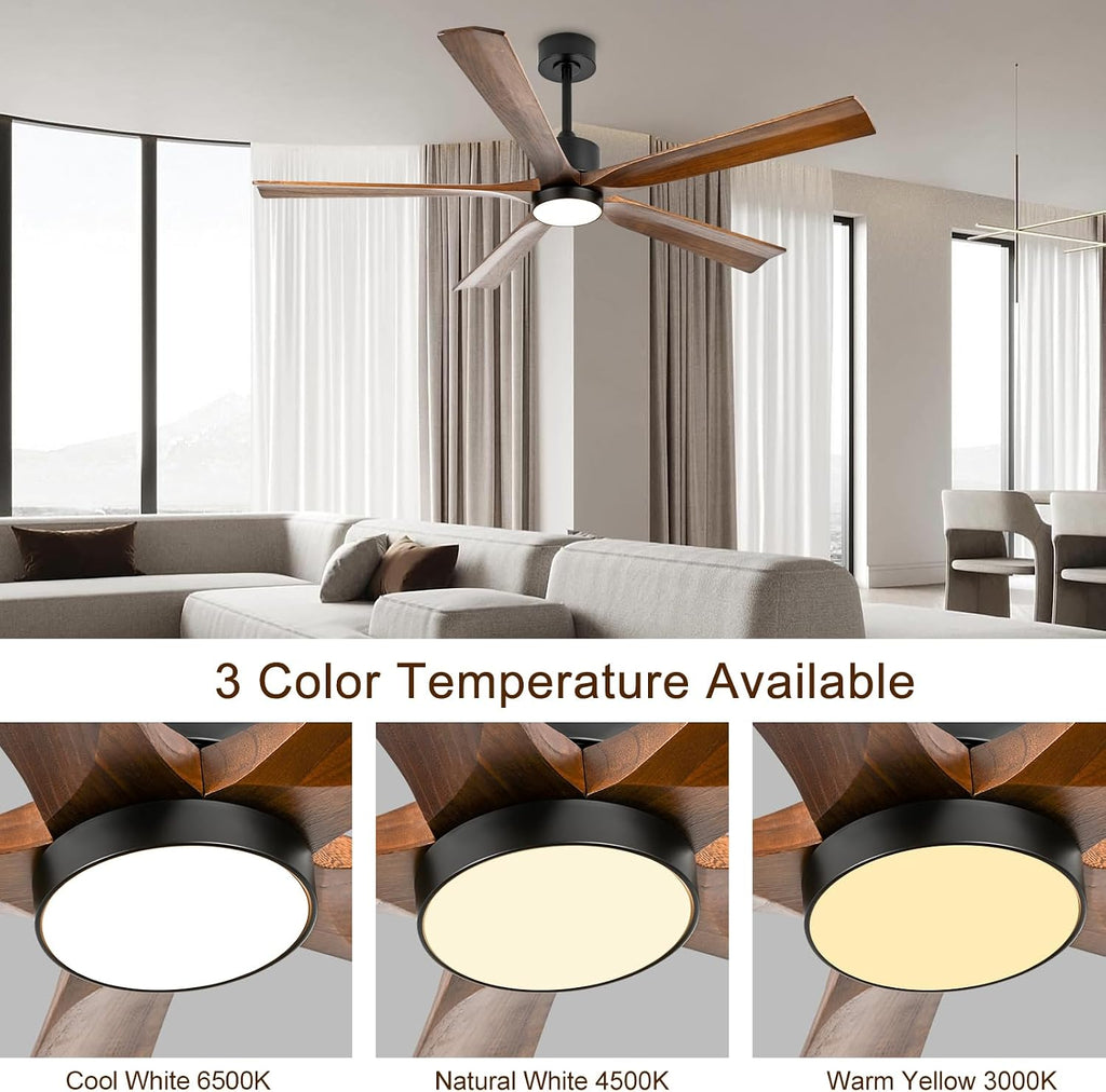 heimo 60 Inch Ceiling Fans with Lights and Remote, Wood Indoor Outdoor Ceiling Fan with Light for Patios Living Room Bedroom 5 Blades Large Mid Century Modern Ceiling Fan (Walnut)