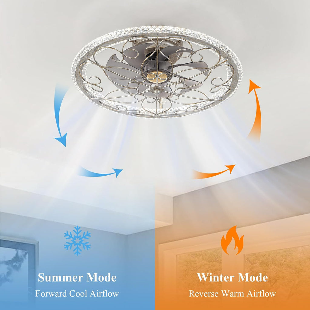 NORFOLK Low Profile Ceiling Fans with Lights and Remote, 20'' Flush Mount Lighting Fan, Smart Bladeless Caged Fandelier, 3 Colors Dimmable LED and 6 Speeds