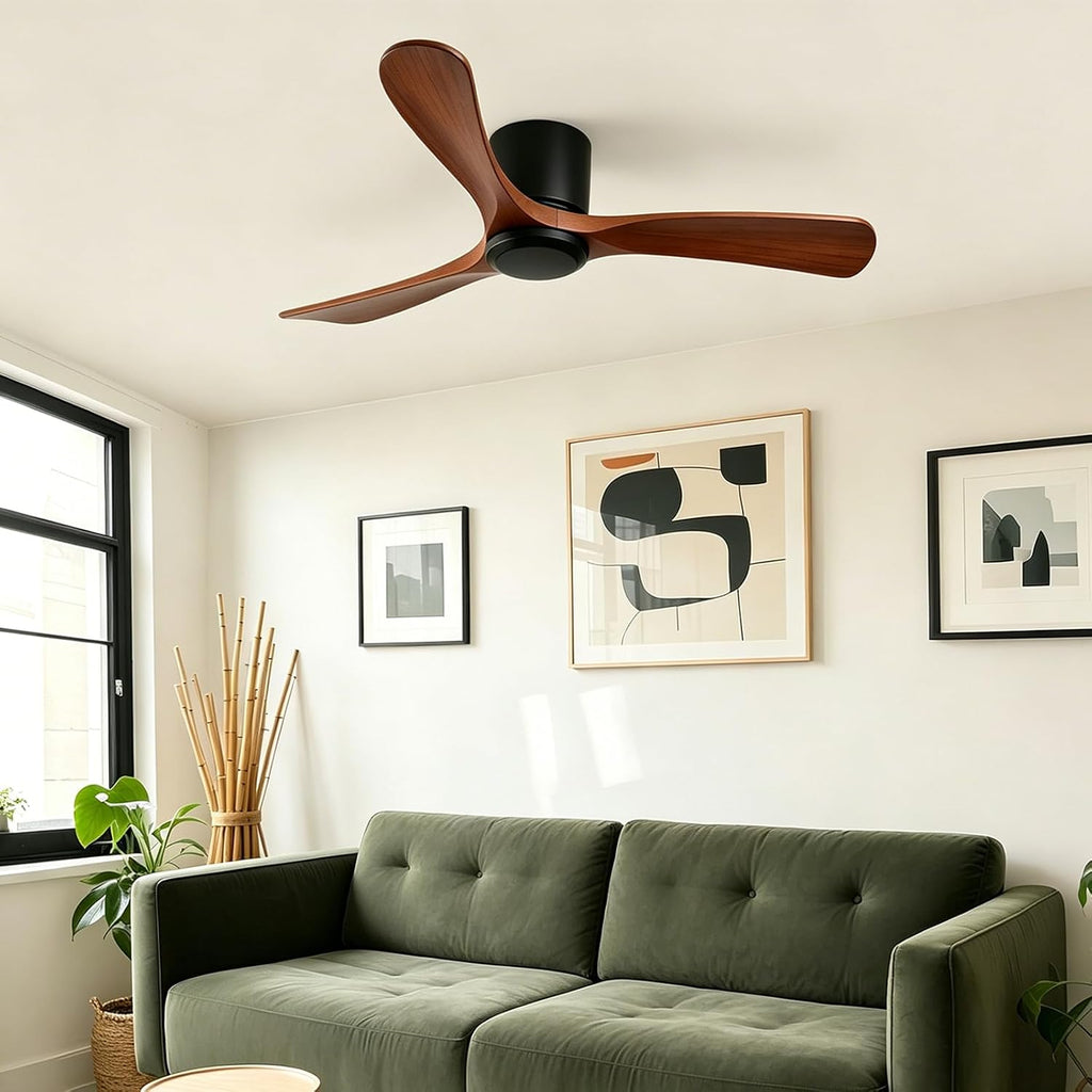 GESUM 42 Inch Wood Ceiling Fan without Light | Flush Mount, Remote Control, 3 Blade 6-Speed Reversible DC Motor, Noiseless Timer, For Bedroom Living Room Patio Porch