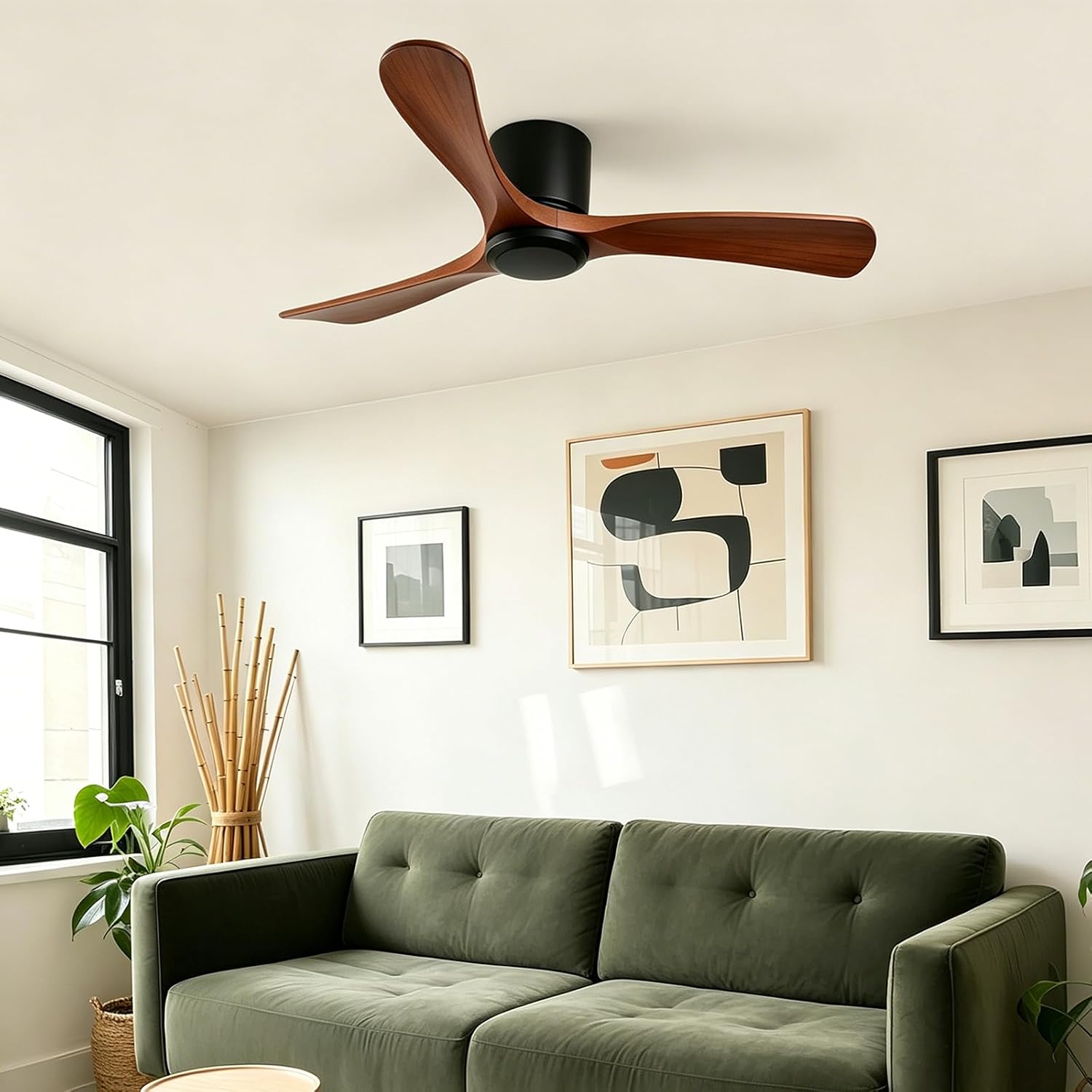 GESUM 42 Inch Wood Ceiling Fan without Light | Flush Mount, Remote Control, 3 Blade 6-Speed Reversible DC Motor, Noiseless Timer, For Bedroom Living Room Patio Porch