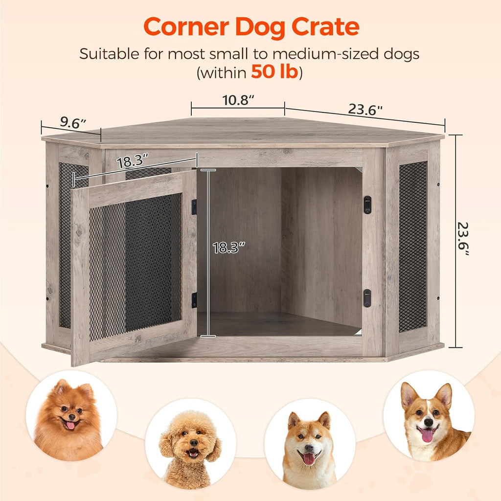 MAHANCRIS Corner Dog Crate Furniture, Wooden Dog Kennel End Table, Decorative Pet Crate Indoor Use, Furniture Style Dog House for Small Medium Dog, Dog Cage TV Stand, Greige and Black DCHG0801