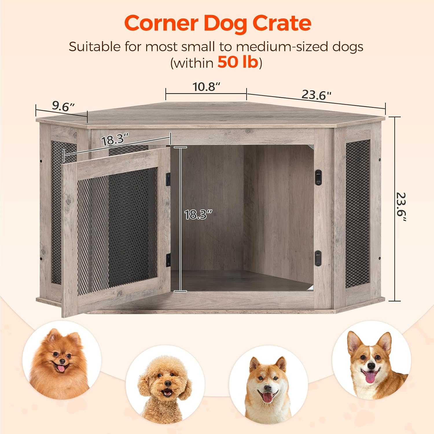 MAHANCRIS Corner Dog Crate Furniture, Wooden Dog Kennel End Table, Decorative Pet Crate Indoor Use, Furniture Style Dog House for Small Medium Dog, Dog Cage TV Stand, Greige and Black DCHG0801