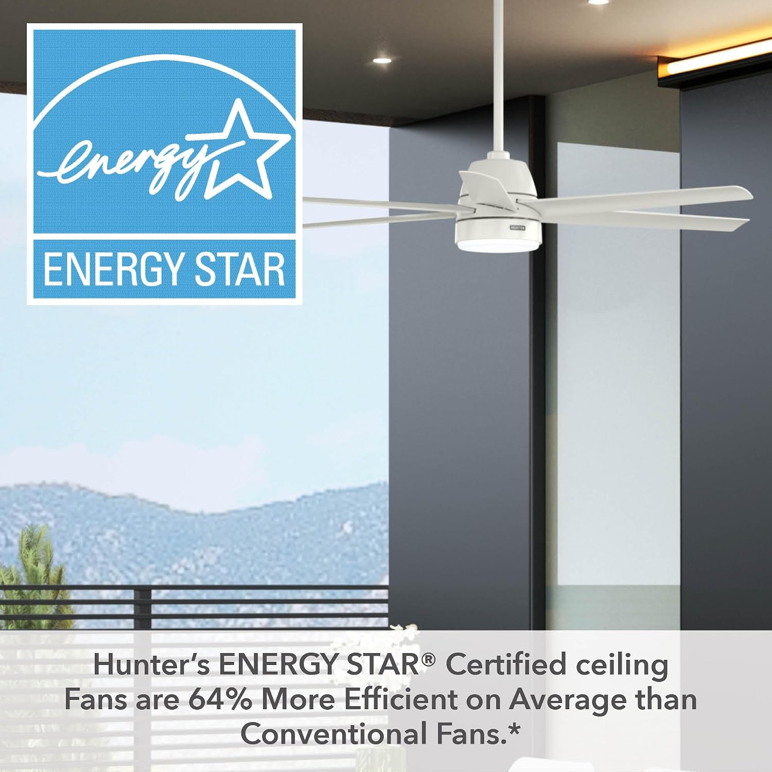 Hunter 60 inch Outdoor or Indoor Ceiling Fan with LED Light - White Ceiling Fan with Wall Control, For Patio, Garage, or Porch, Quiet, Standard Mount, 6 Blades - Skysail 52370, Fresh White
