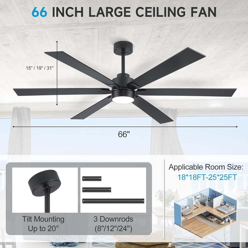 66 Inch Large Outdoor Ceiling Fans for Patios with Lights, Modern Black Ceiling Fan with Light and Remote, 6 Blades Reversible DC Motor Ceiling Fan for Indoor Living Room Porch Gazebo Commercial