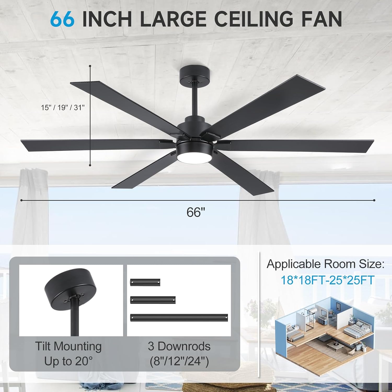 66 Inch Large Outdoor Ceiling Fans for Patios with Lights, Modern Black Ceiling Fan with Light and Remote, 6 Blades Reversible DC Motor Ceiling Fan for Indoor Living Room Porch Gazebo Commercial