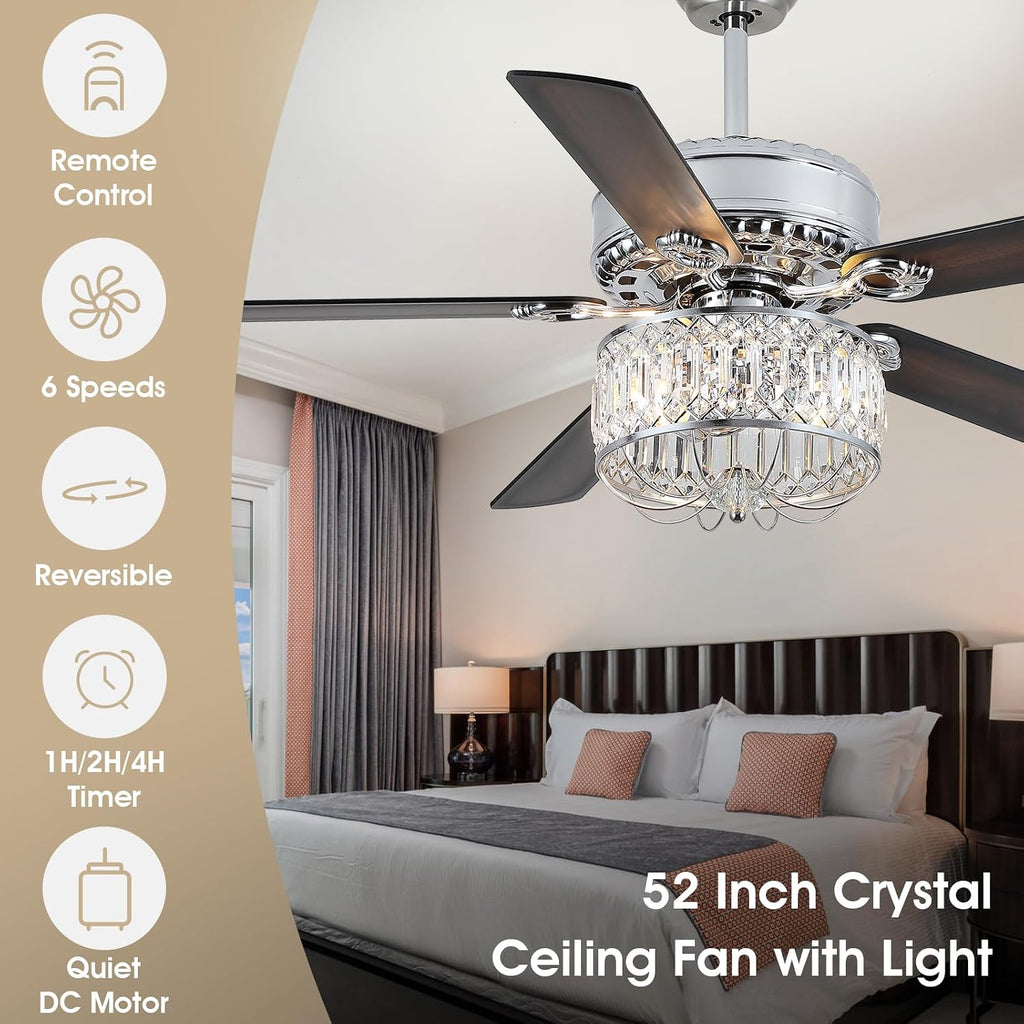 Kviflon Farmhouse Crystal Ceiling Fans with Lights and Remote, 52 Inch Chandelier Ceiling Fans, Chrome Fandelier Ceiling Fan for Bedroom Living Room, Quiet DC Motor, Reversible, Bulb not Included