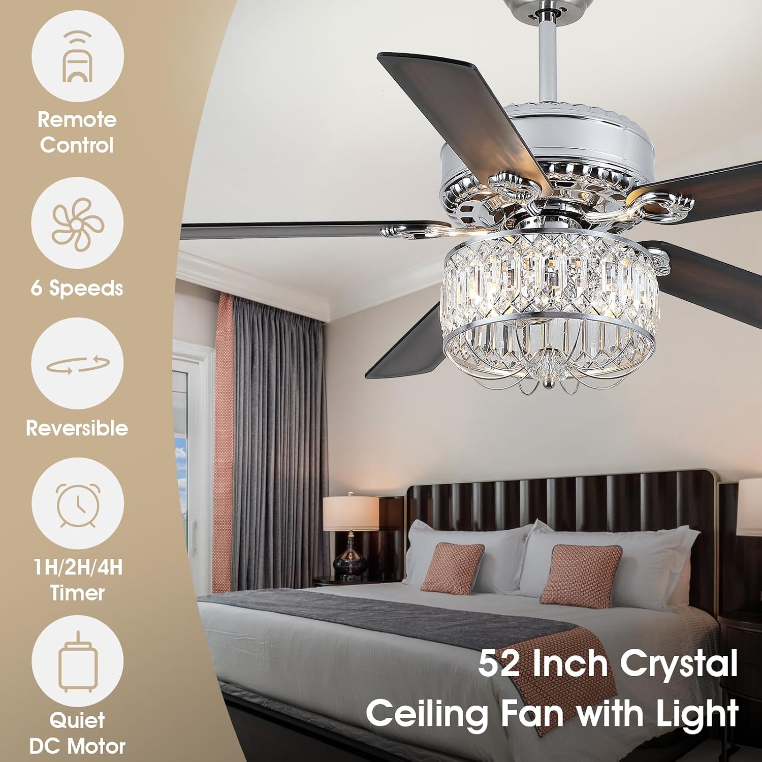 Kviflon Farmhouse Crystal Ceiling Fans with Lights and Remote, 52 Inch Chandelier Ceiling Fans, Chrome Fandelier Ceiling Fan for Bedroom Living Room, Quiet DC Motor, Reversible, Bulb not Included