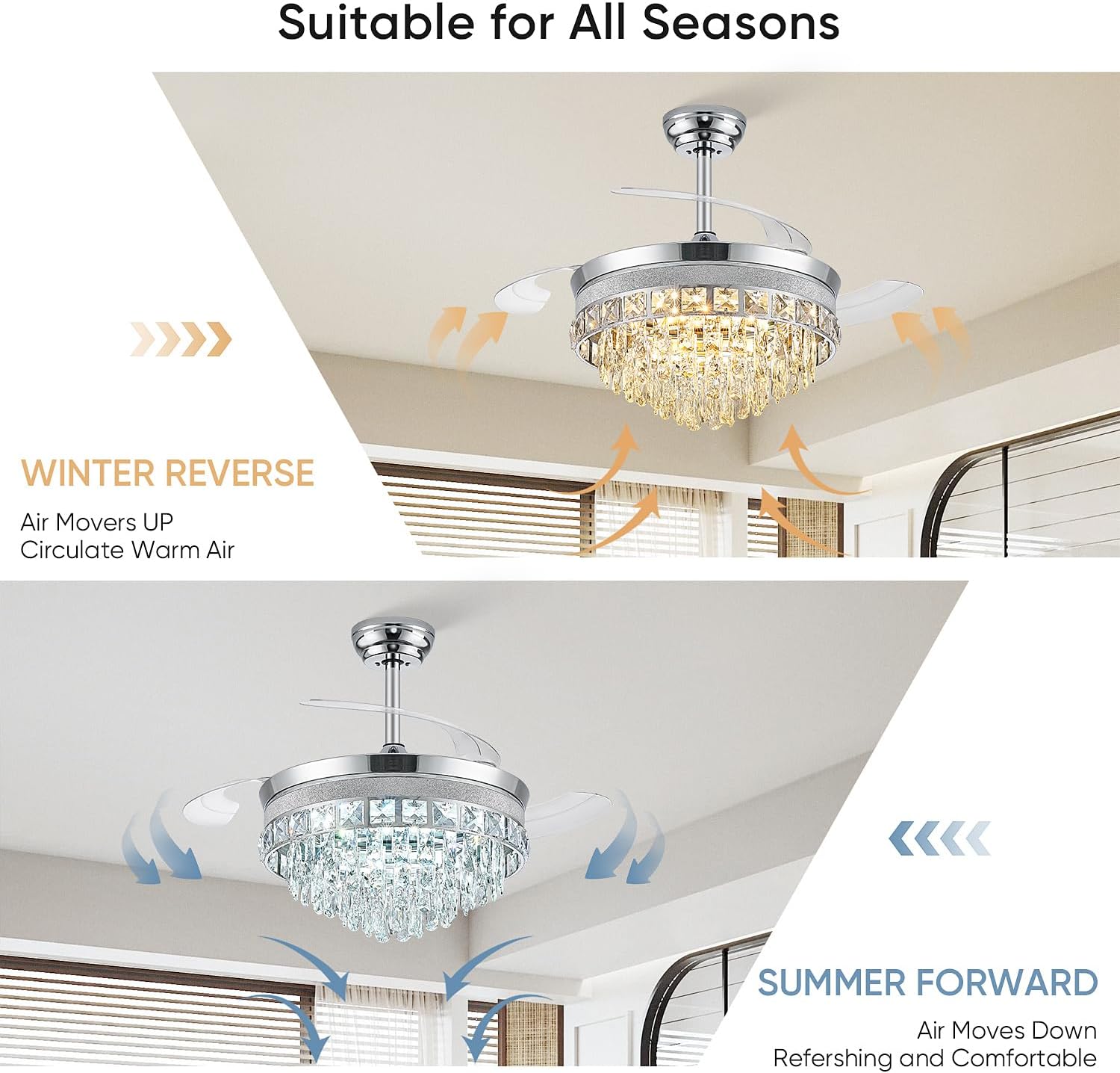 42 Inch Fandelier Ceiling Fan with Light, Chandelier Ceiling Fans with Lights, Crystal Ceiling Fans for Bedroom Living Room, LED Dimmable, 6 Wind Speed,3 Color Temperatures-Chrome