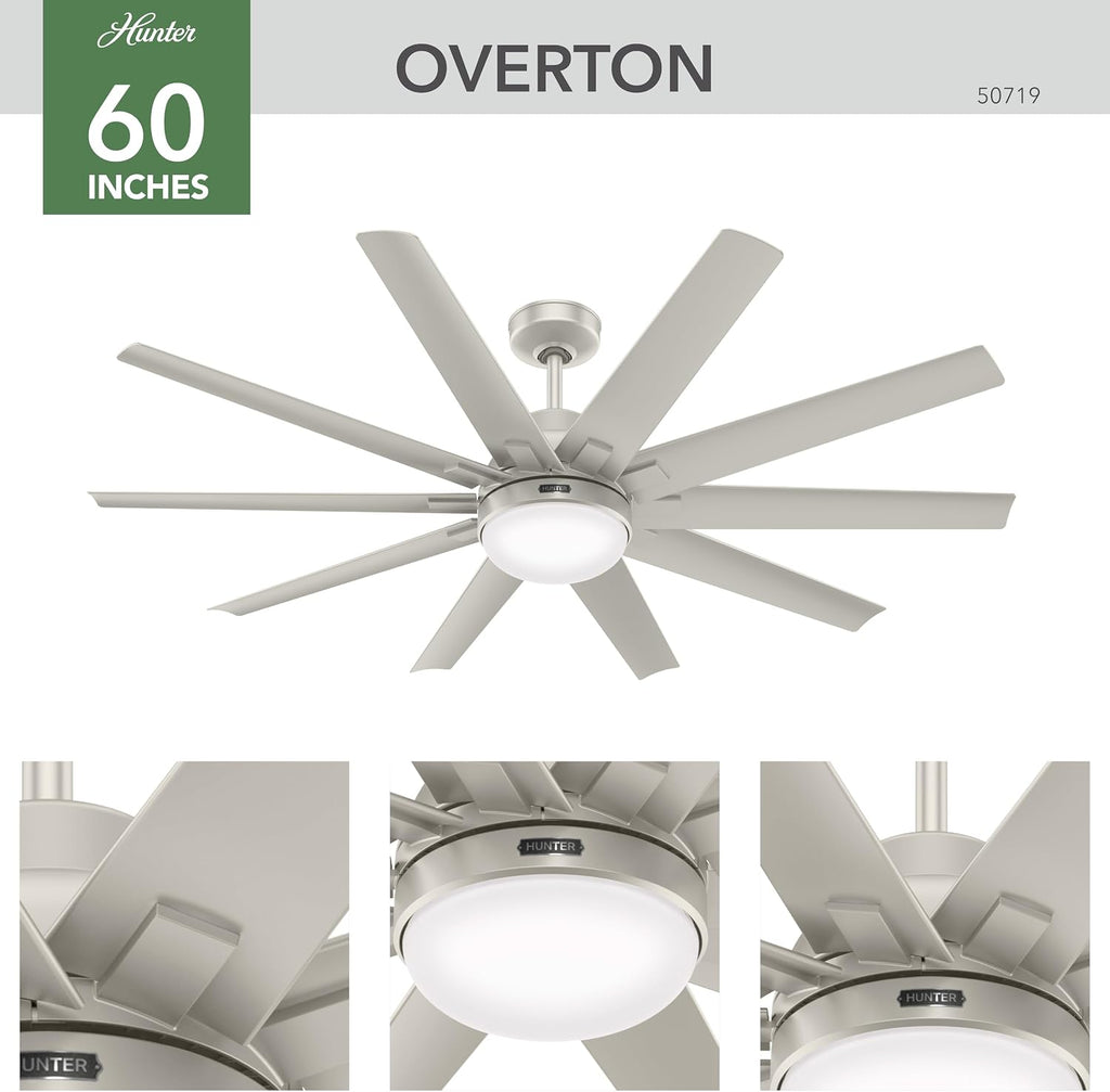 Hunter 60 inch Outdoor or Indoor Ceiling Fan with LED Light - Ceiling Fan with Wall Control, For Patio, Garage, or Porch, Quiet, Standard Mount, 10 Blades - Overton 50719, Matte Nickel