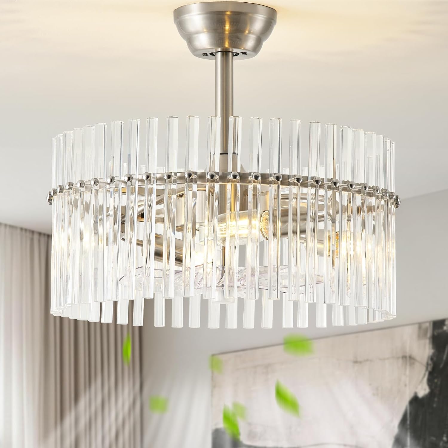 SYDACG 20' Silver and Clear Crystal Fandelier Ceiling Fan with Light, Mid-Century Chandelier Ceiling Fan with Light Remote Control, 6 Speeds for Bedroom, Nursery, Living Room