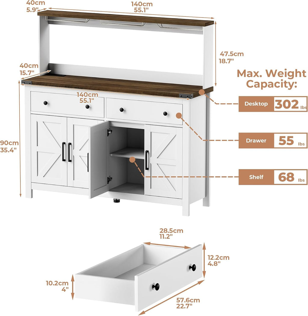 VVFLU Hutch Storage Cabinet Buffet with Drawers, and Charging Station, Coffee Bar Cabinet with Barn Doors, Wine Rack and Hooks, Countertop, Long Farmhouse, White, for Kitchen, Dining Room, 54.1' High
