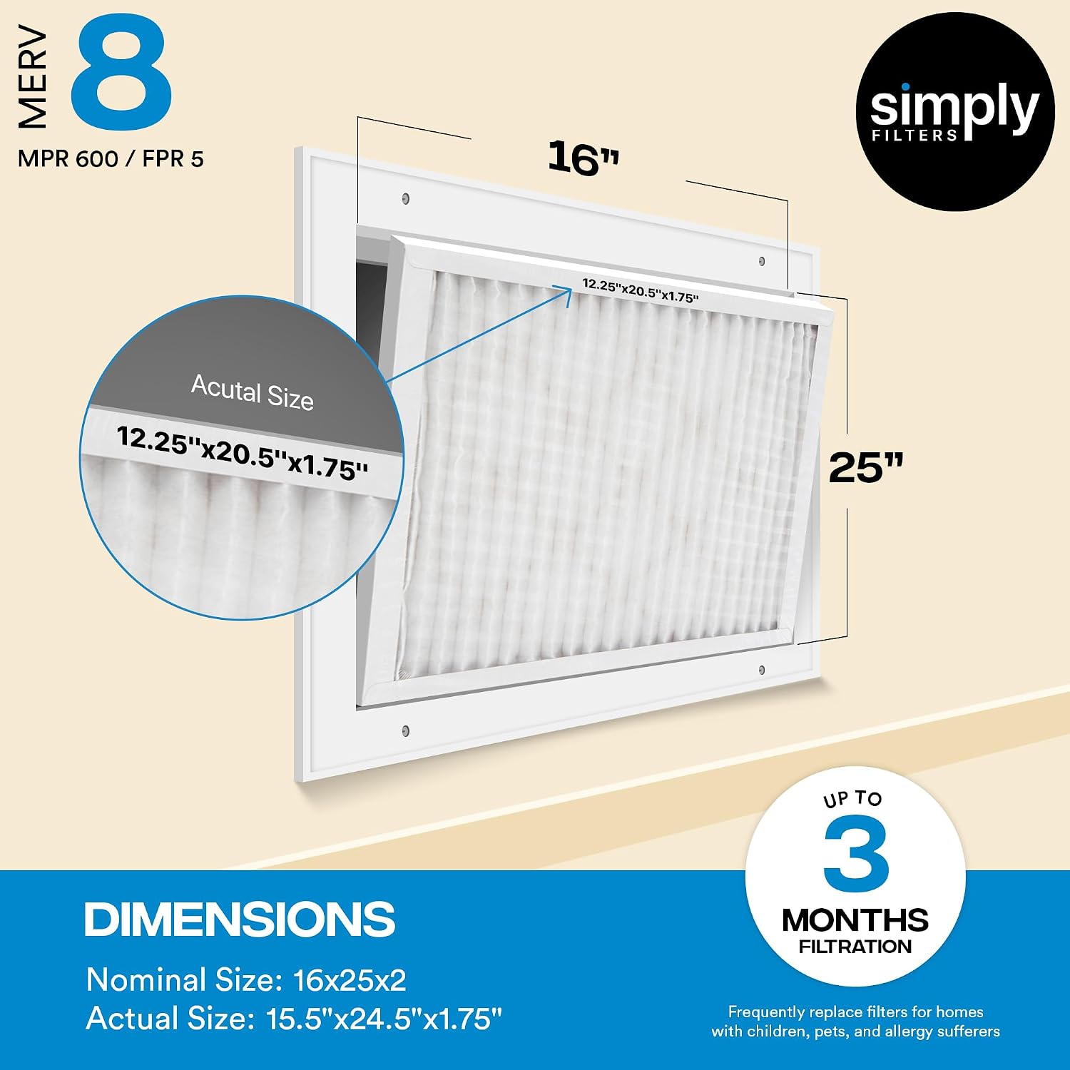 Simply 24x24x4 Air Filter, MERV 8, 6 Pack, Furnace Air Filter for HVAC (Actual Size: 23.5'x23.5'x3.63') DUST, Pet & Allergy Control