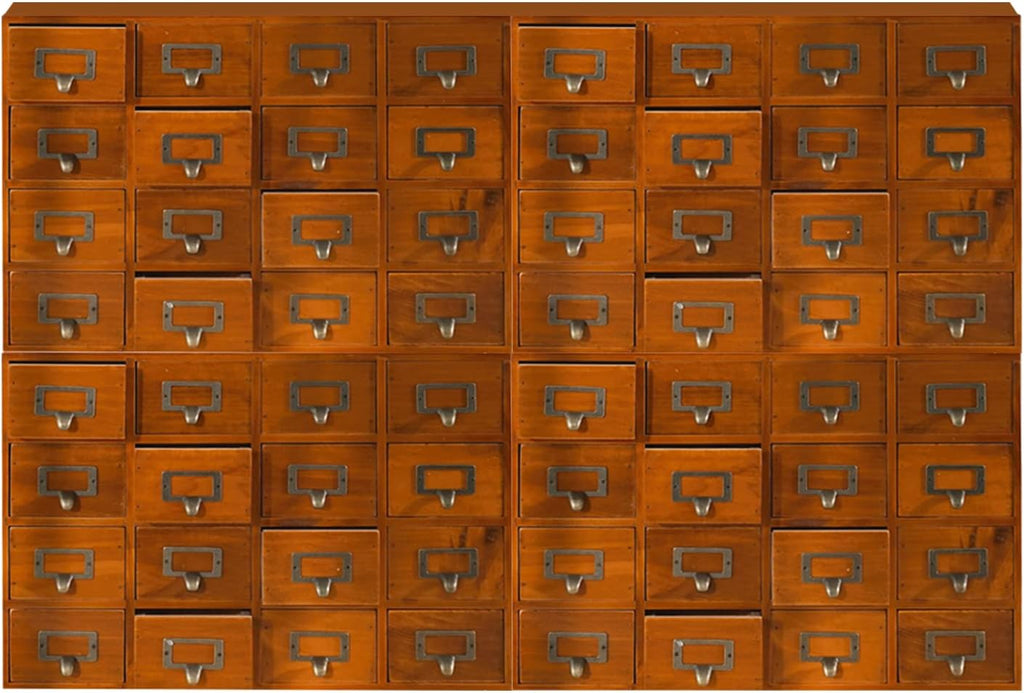 Huge Modular Stackable Against Wall 64-Drawer Apothecary Curio Cabinet Vintage Wood - Card Catalog Library Desk Storage Box Drawer w/ Label Holders Handles - Multi Level Countertop and Craft Organizer