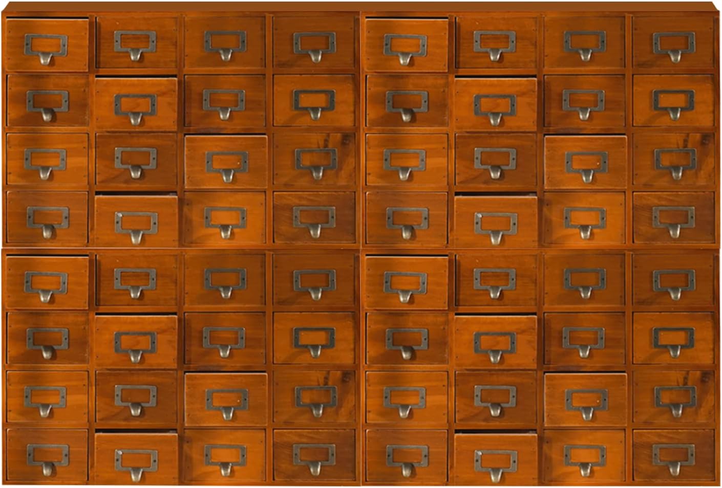 Huge Modular Stackable Against Wall 64-Drawer Apothecary Curio Cabinet Vintage Wood - Card Catalog Library Desk Storage Box Drawer w/ Label Holders Handles - Multi Level Countertop and Craft Organizer