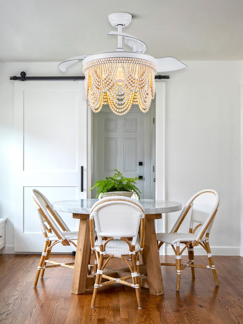 42 Inch Boho Ceiling Fan with Lights Retractable Chandelier Ceiling Fan Wood Beaded Coastal Chandelier for Bedroom Living Room White Fandelier 3 E26 Bulb, 6 Speeds Reversible Quiet DC Motor