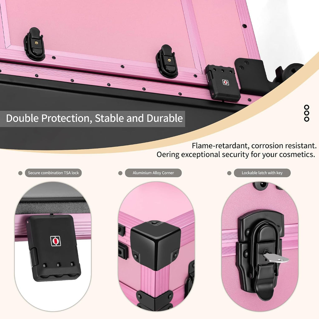 Portable Manicure Table 3 Drawers, Rolling Lockable Makeup Train Case with Blueteeth Speaker and Nail Polish Organizer, Foldable Nail Desk with Mirror & TSA Lock for Nail Tech and Salon Use