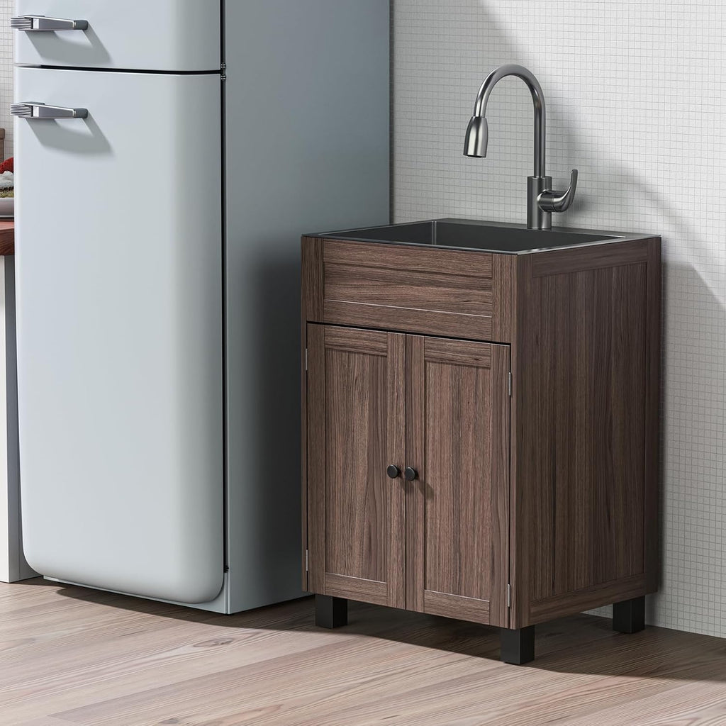 VINGLI 24-Inch Laundry Sink with Cabinet and Pull-Out Sprayer Faucet, Stainless Steel Utility Sink with Cabinet and Drawer Combo, Cabinet with Sink for Laundry & Utility Room, Kitchen, Bathroom, Brown