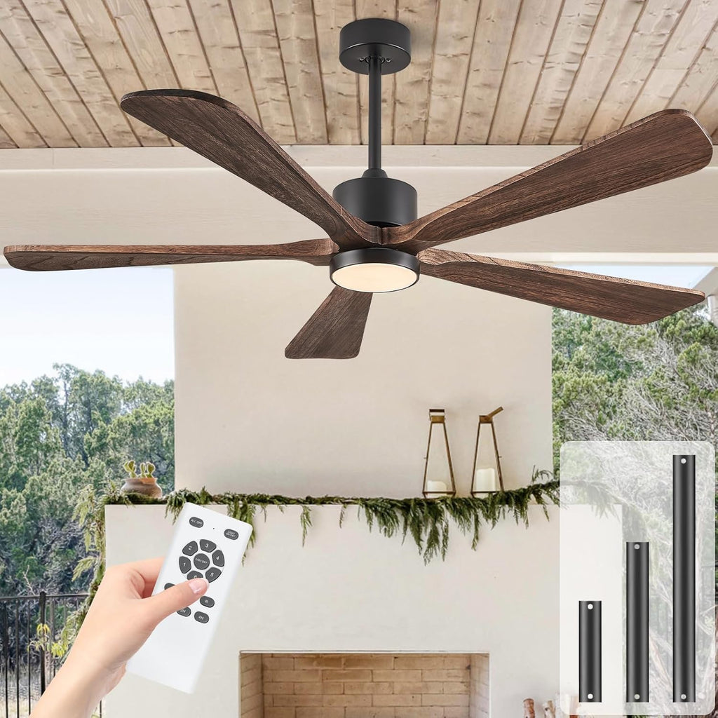 52 Inch Ceiling Fan with Lights, 5 Blade Ceiling Fan with Remote Control, 5 Reversible Solid Wood Blades, 6-Speed Outdoor Fan for Patios Porch Living Room,Dark Brown